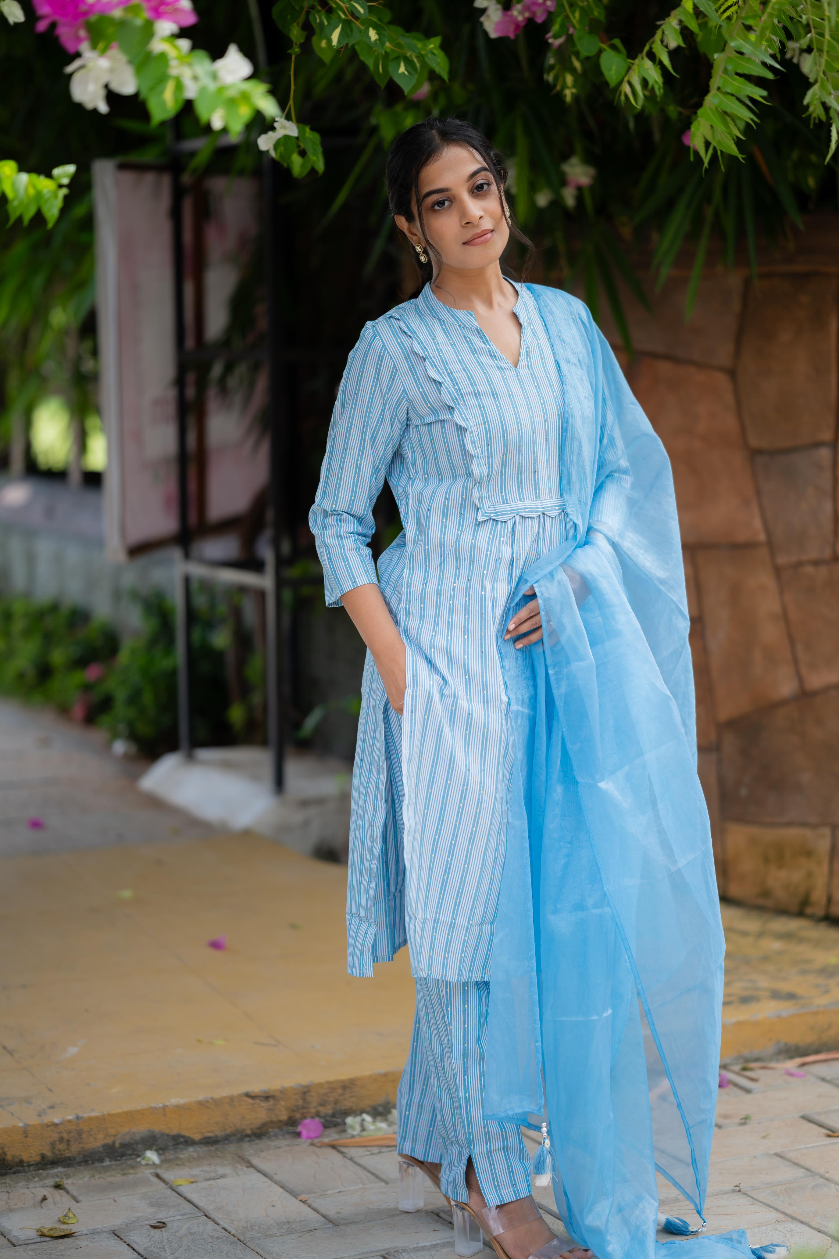 Tanisha - sky blue sequins handloom cotton kurta set with chiffon dupatta