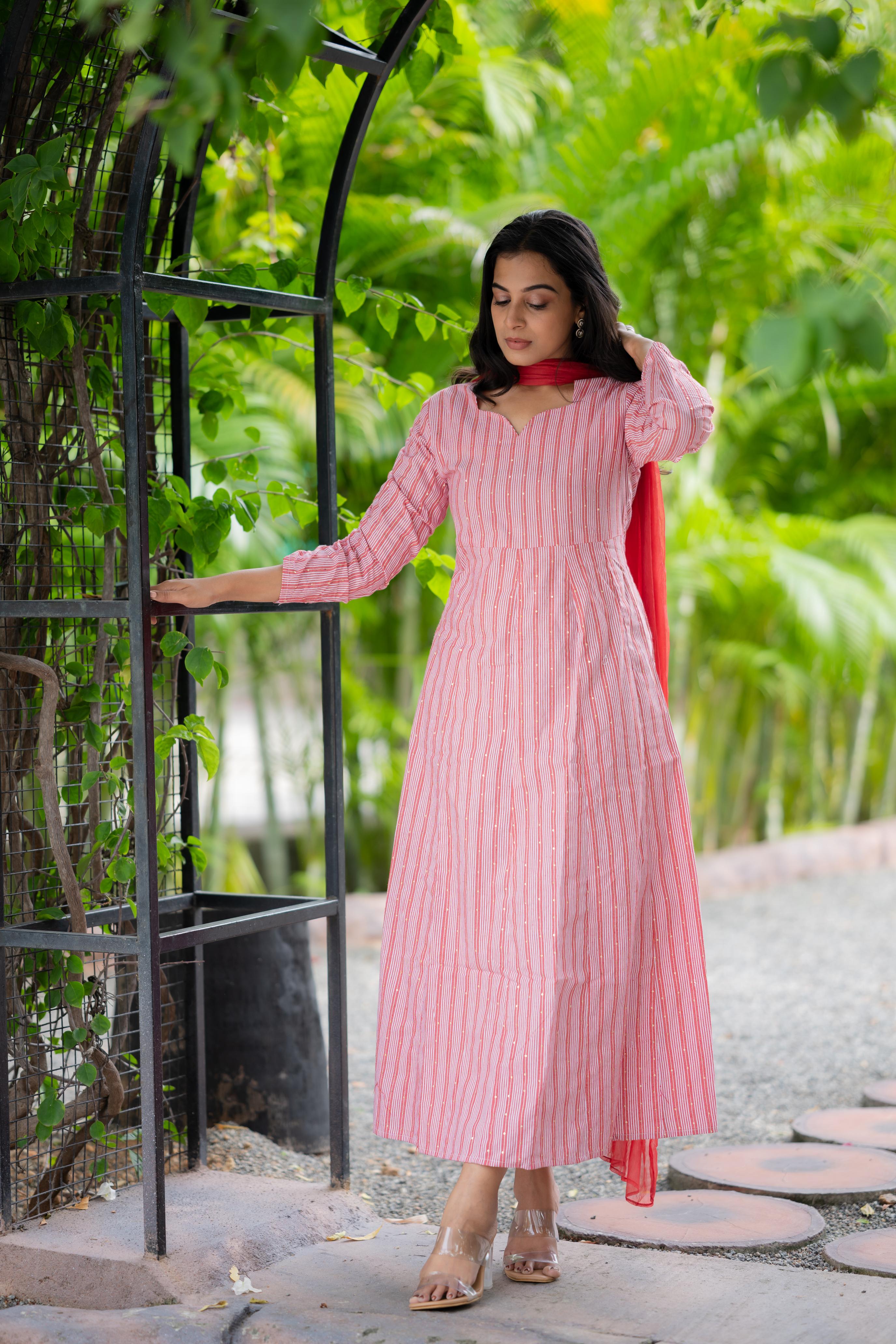 Tvisha - rust red  sequins handloom cotton gown with chiffon dupatta with gota detailing