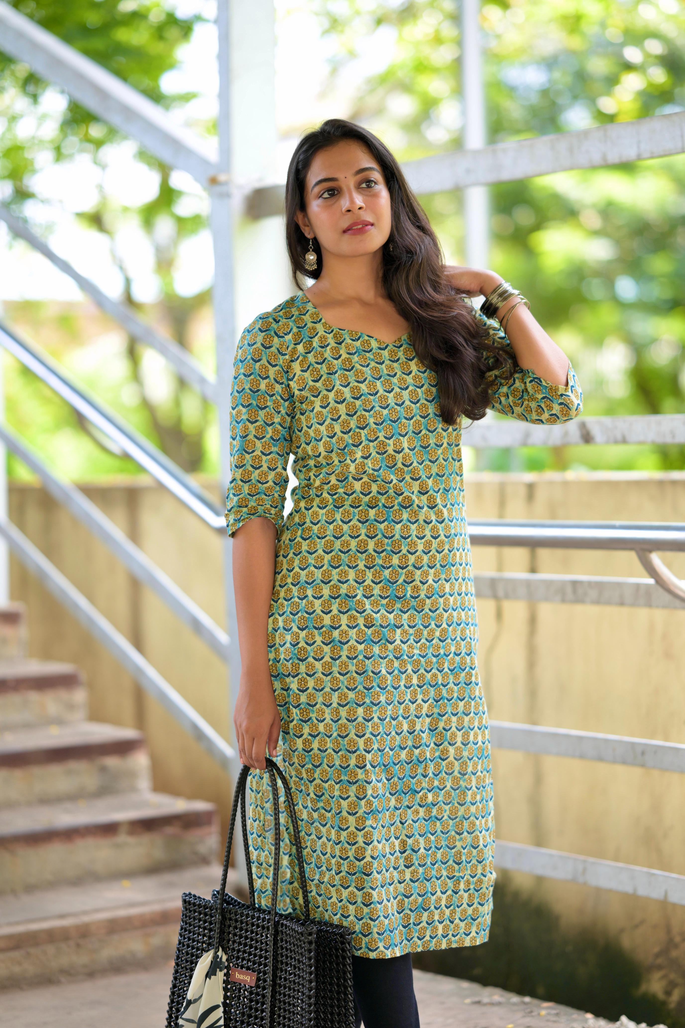 Kurti 104- Floral hand block printed cotton kurta in green yellow