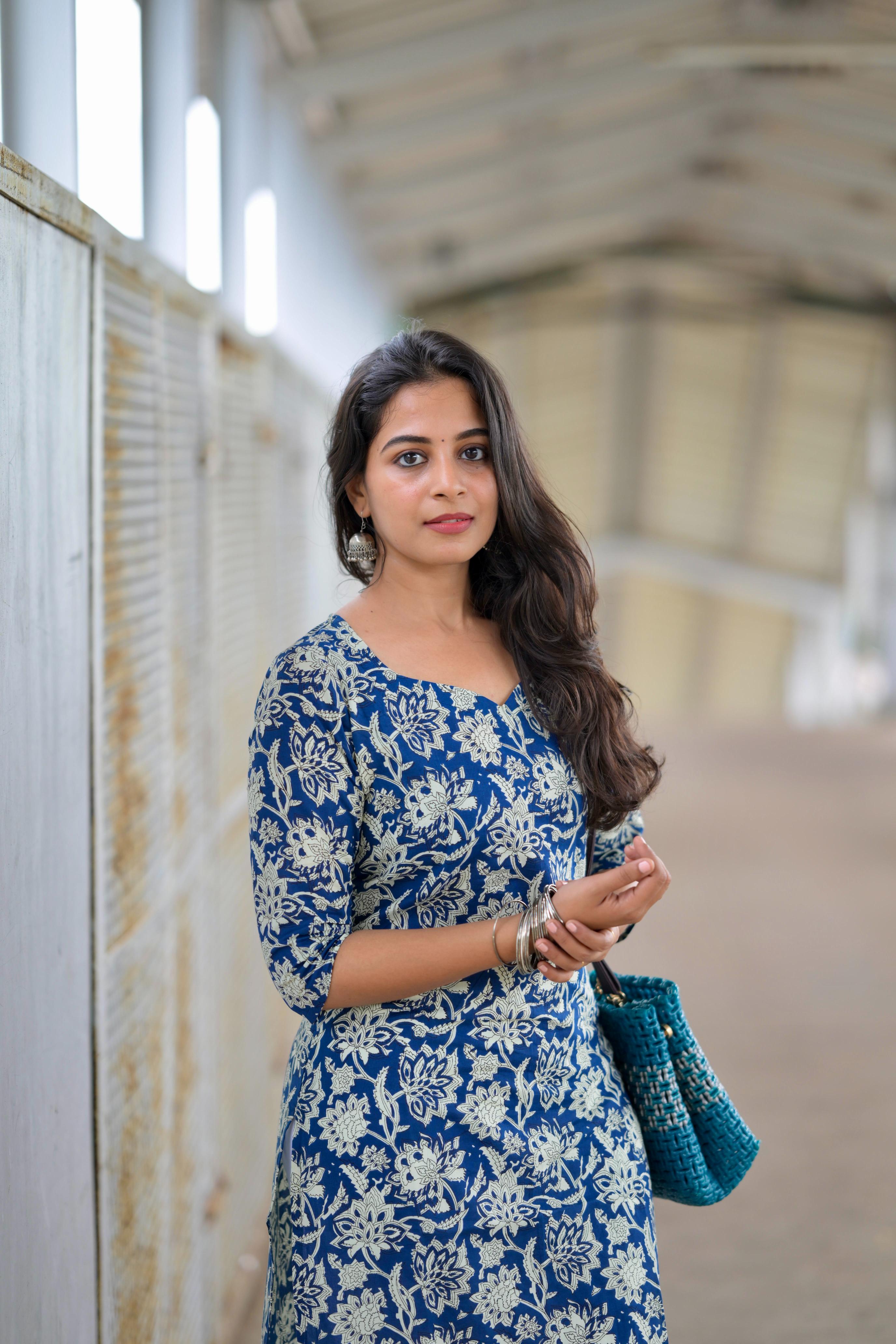 Kurti 99 -  floral  hand block printed cotton kurta in blue  & white