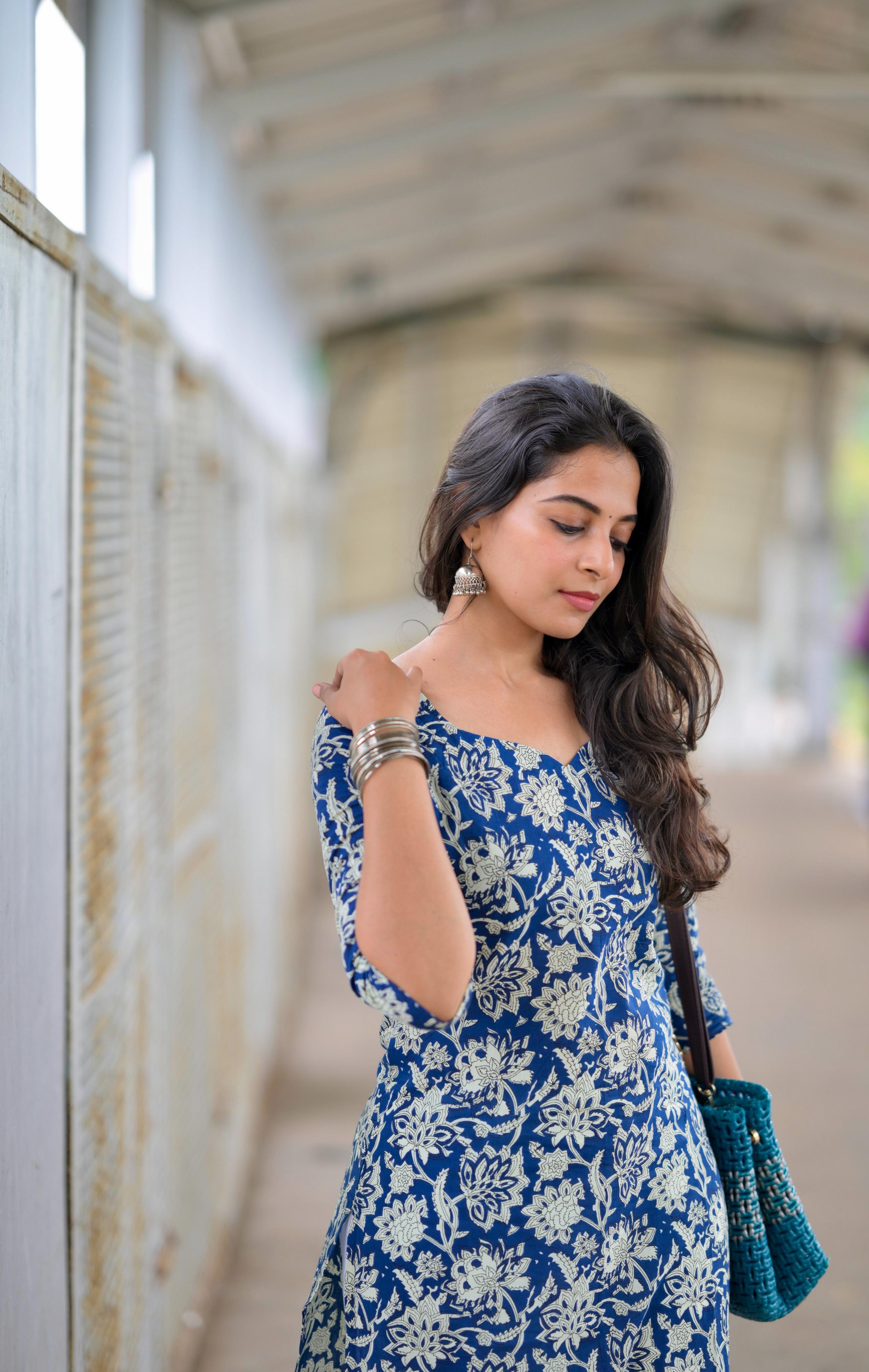 Kurti 99 -  floral  hand block printed cotton kurta in blue  & white