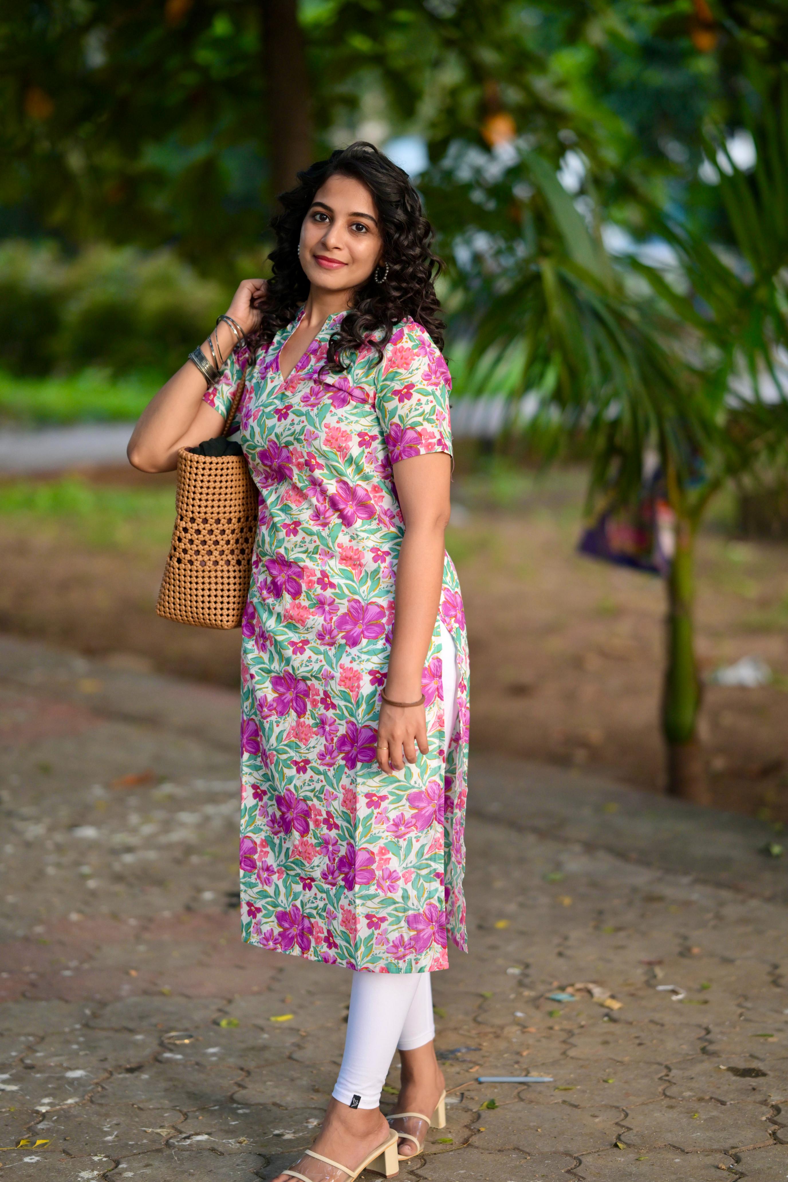 Kurti 101 - Multi colour floral  hand block printed cotton kurta