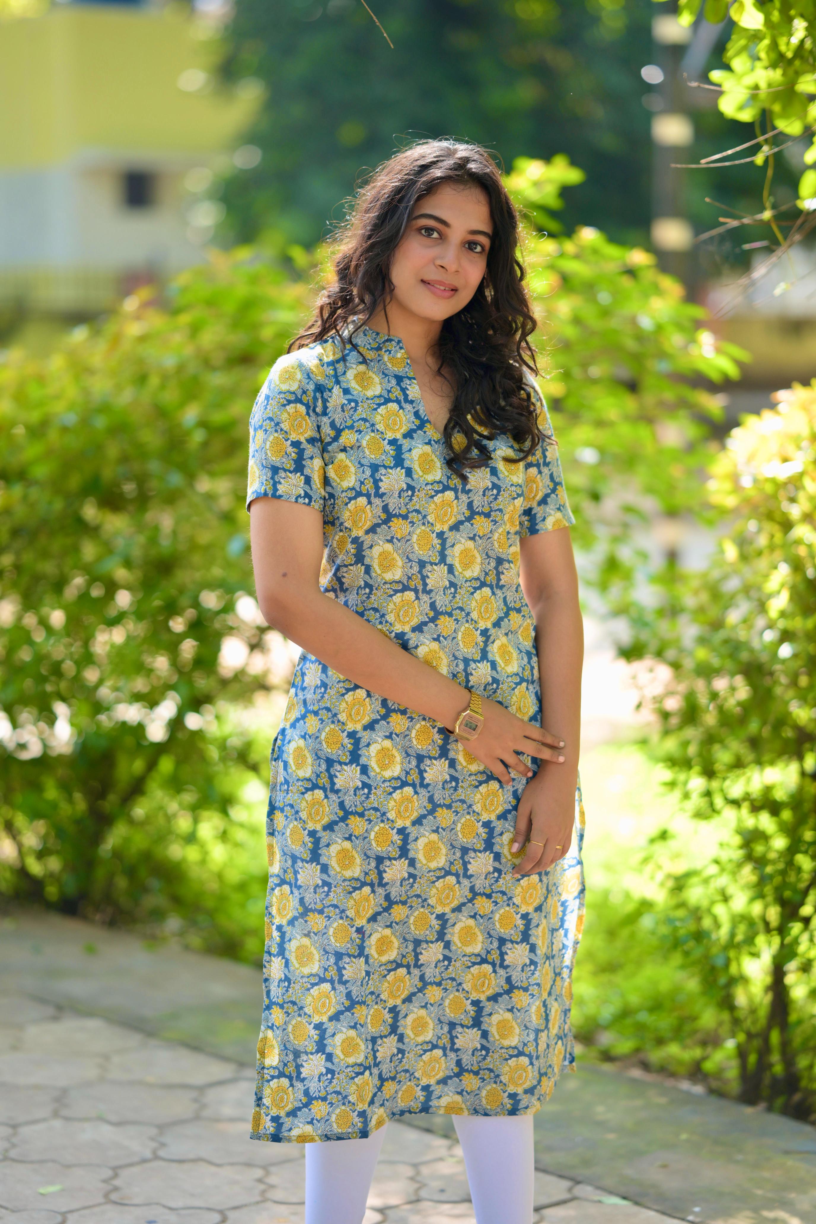 Kurti 100 - floral  hand block printed cotton kurta in blue  & yellow