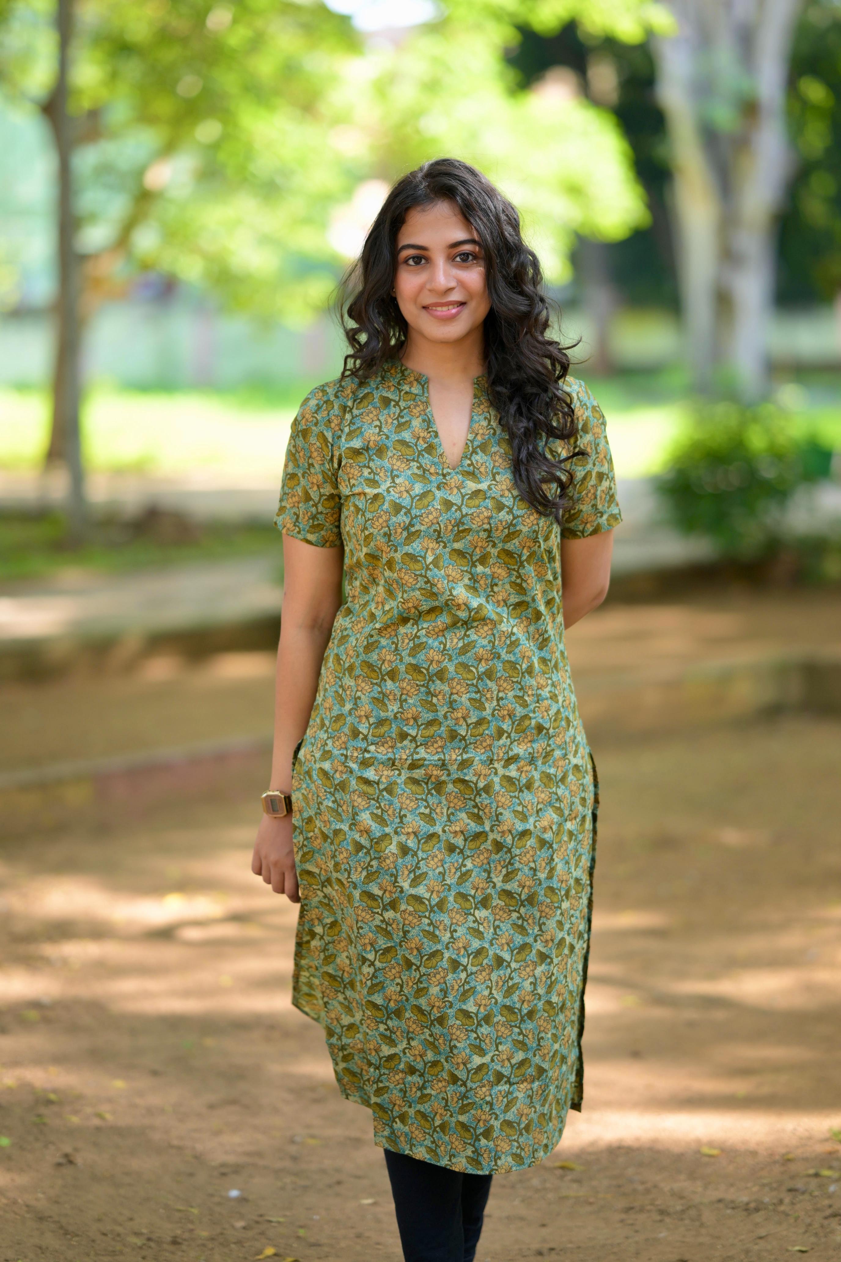 Kurti 102 - Floral hand block printed cotton kurta in green & yellow