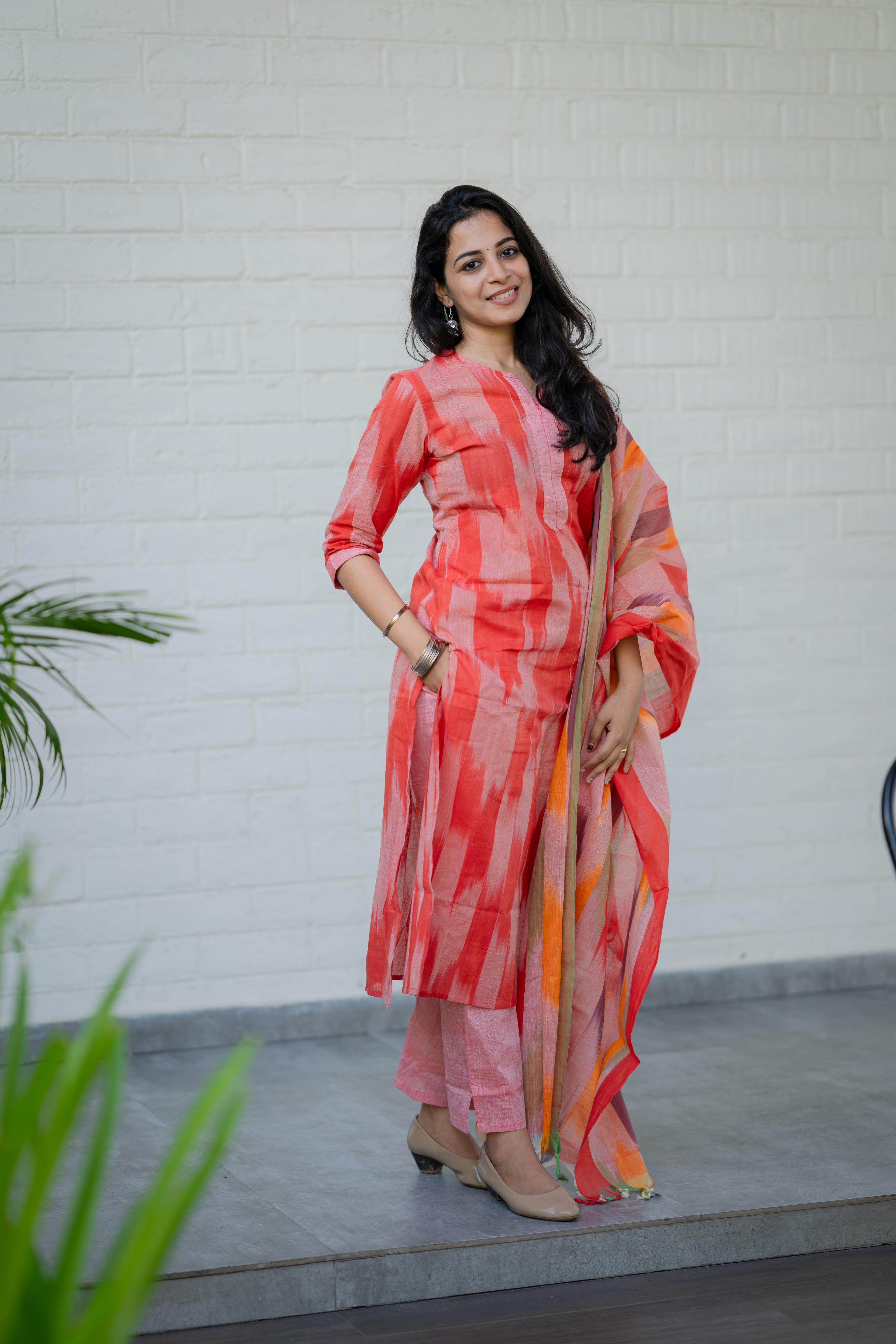 Kalki ( peach ) - ikat handloom cotton suit set with dupatta in peach colour