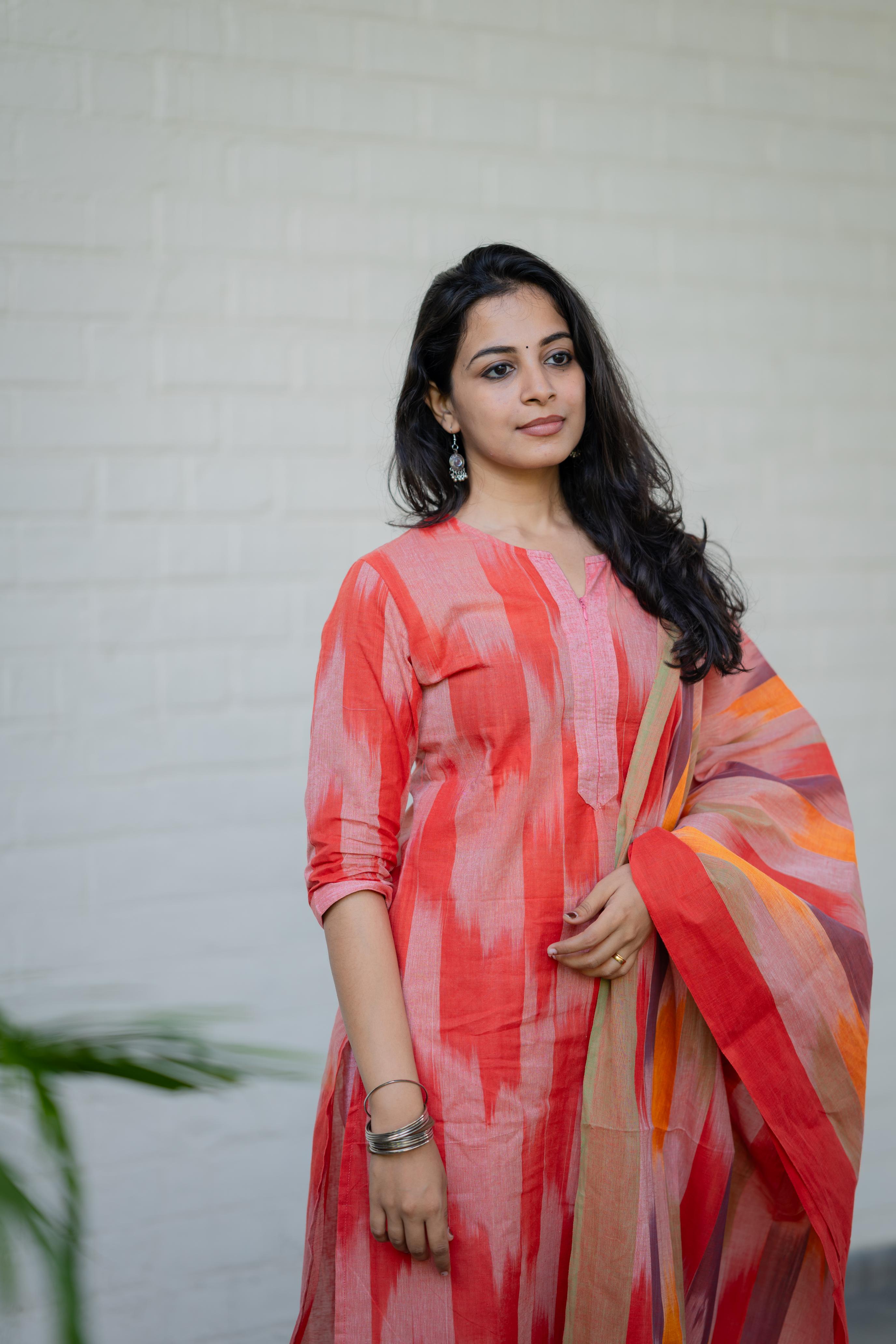 Kalki ( peach ) - ikat handloom cotton suit set with dupatta in peach colour