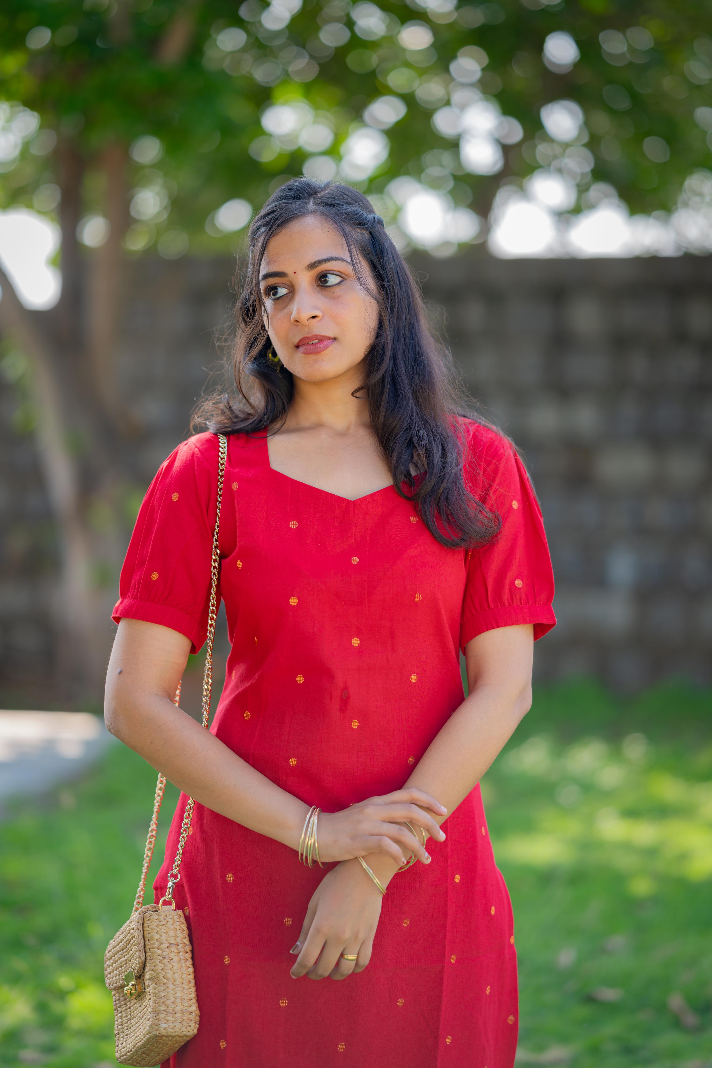 Charul ( red ) - handloom cotton kurta set