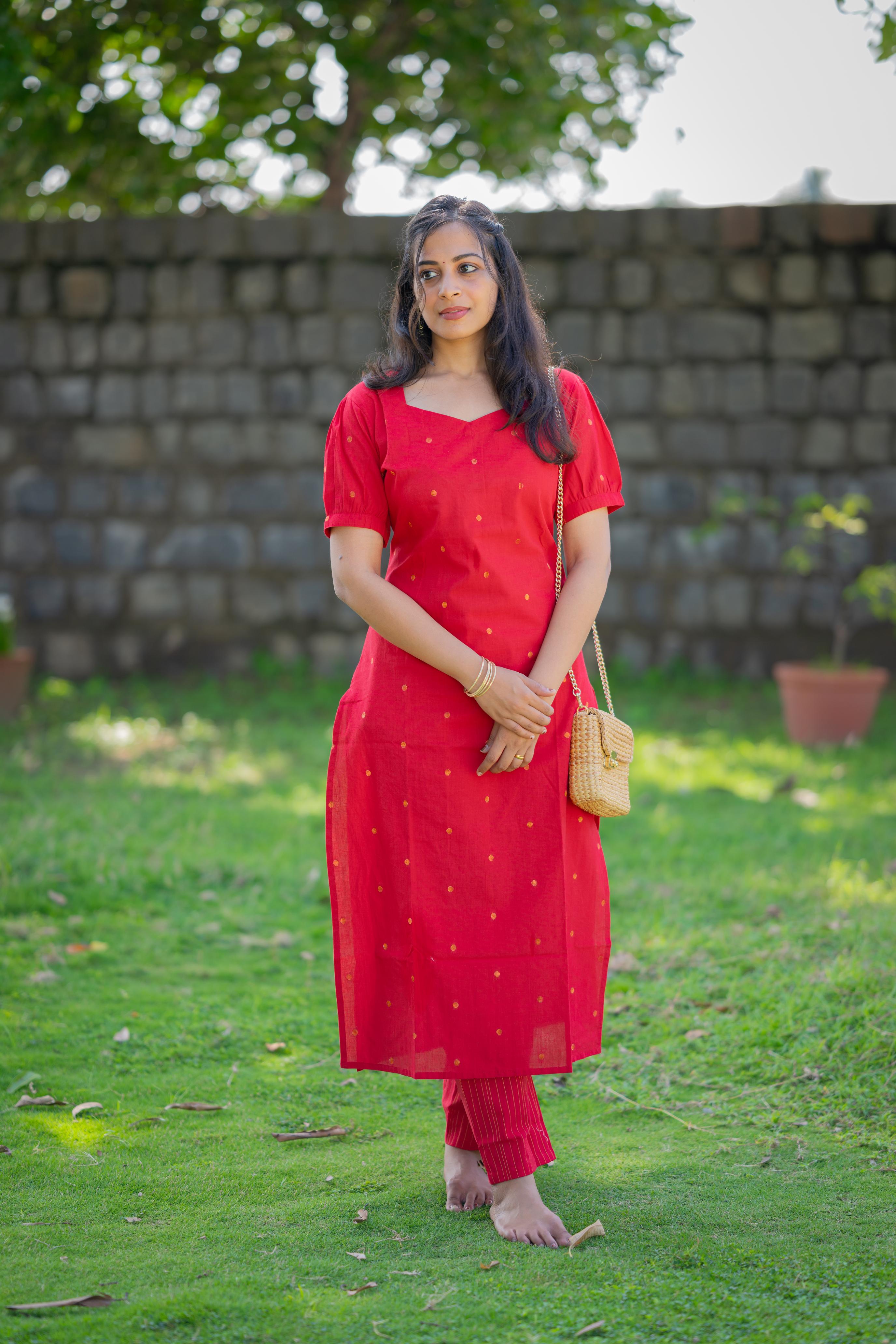 Charul ( red ) - handloom cotton kurta set