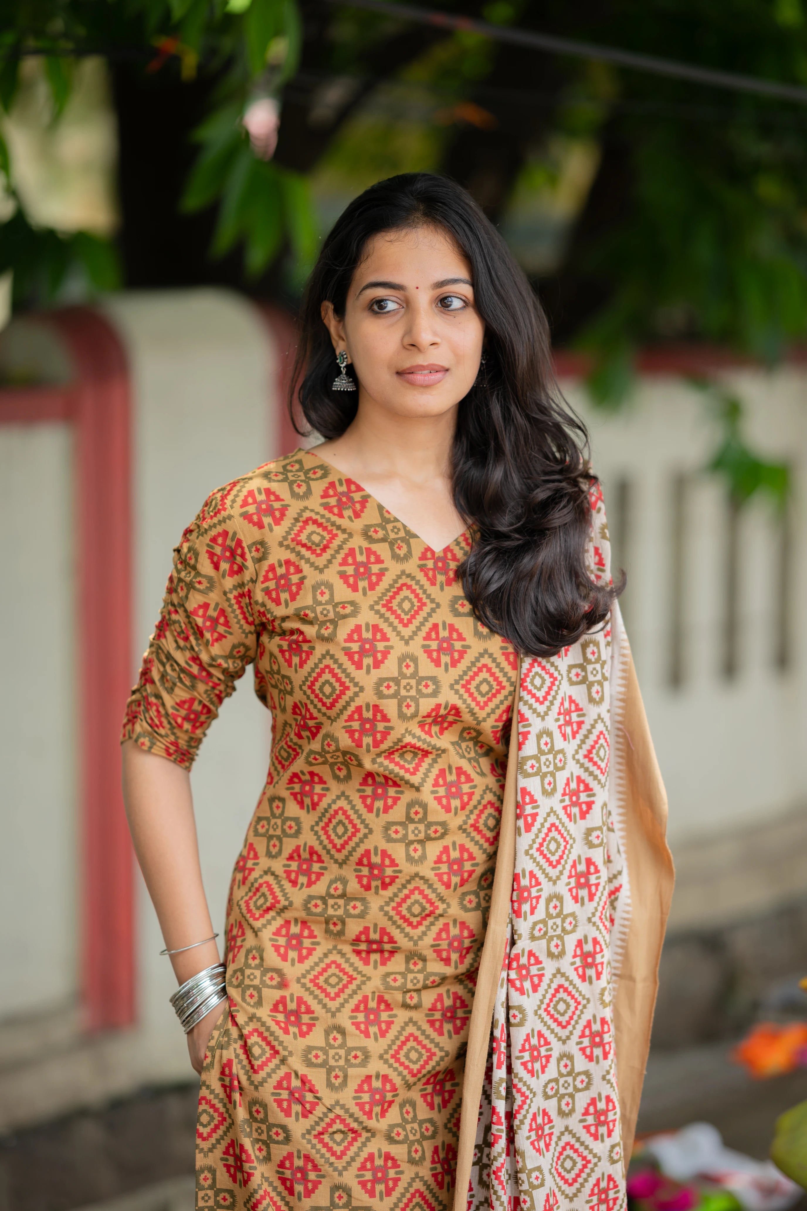 Vrithi - Sandal handloom cotton suit set with hand block prints