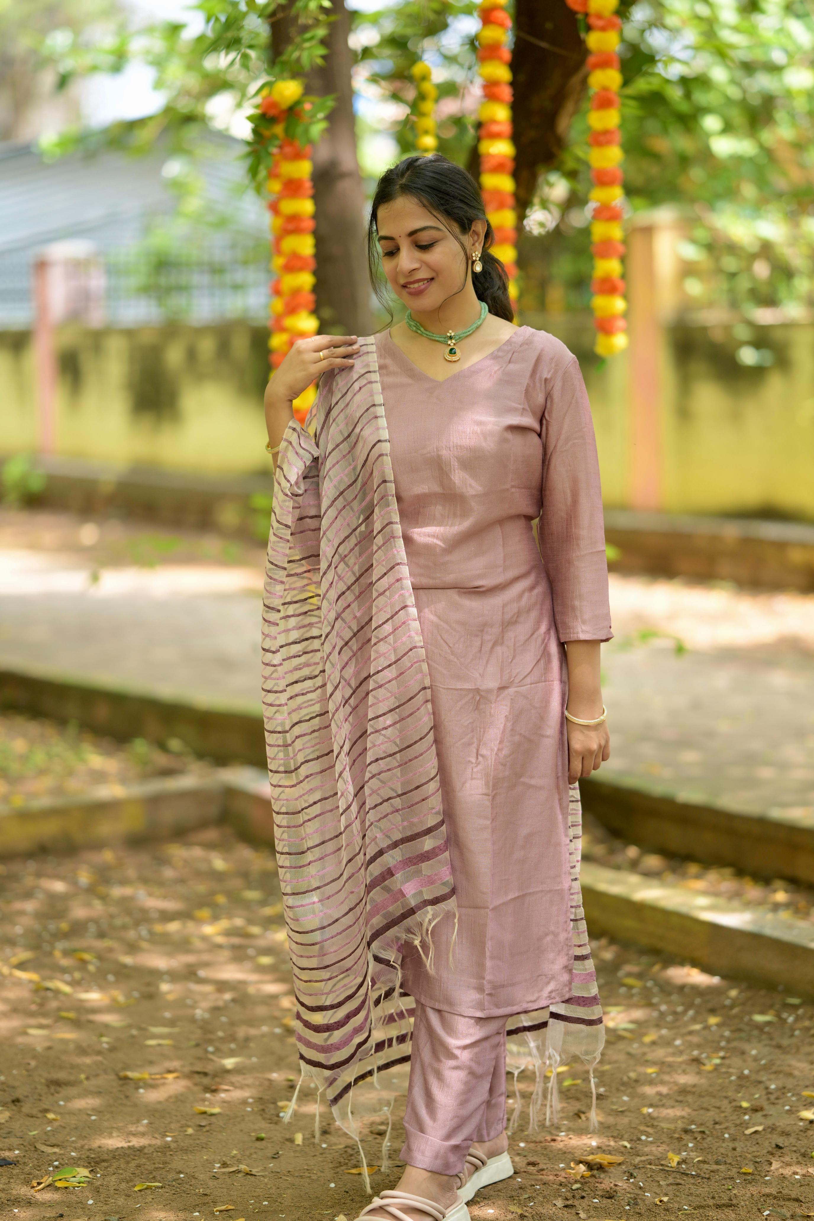 Hira ( mauve) - Crepe silk suit set with a fancy striped dupatta