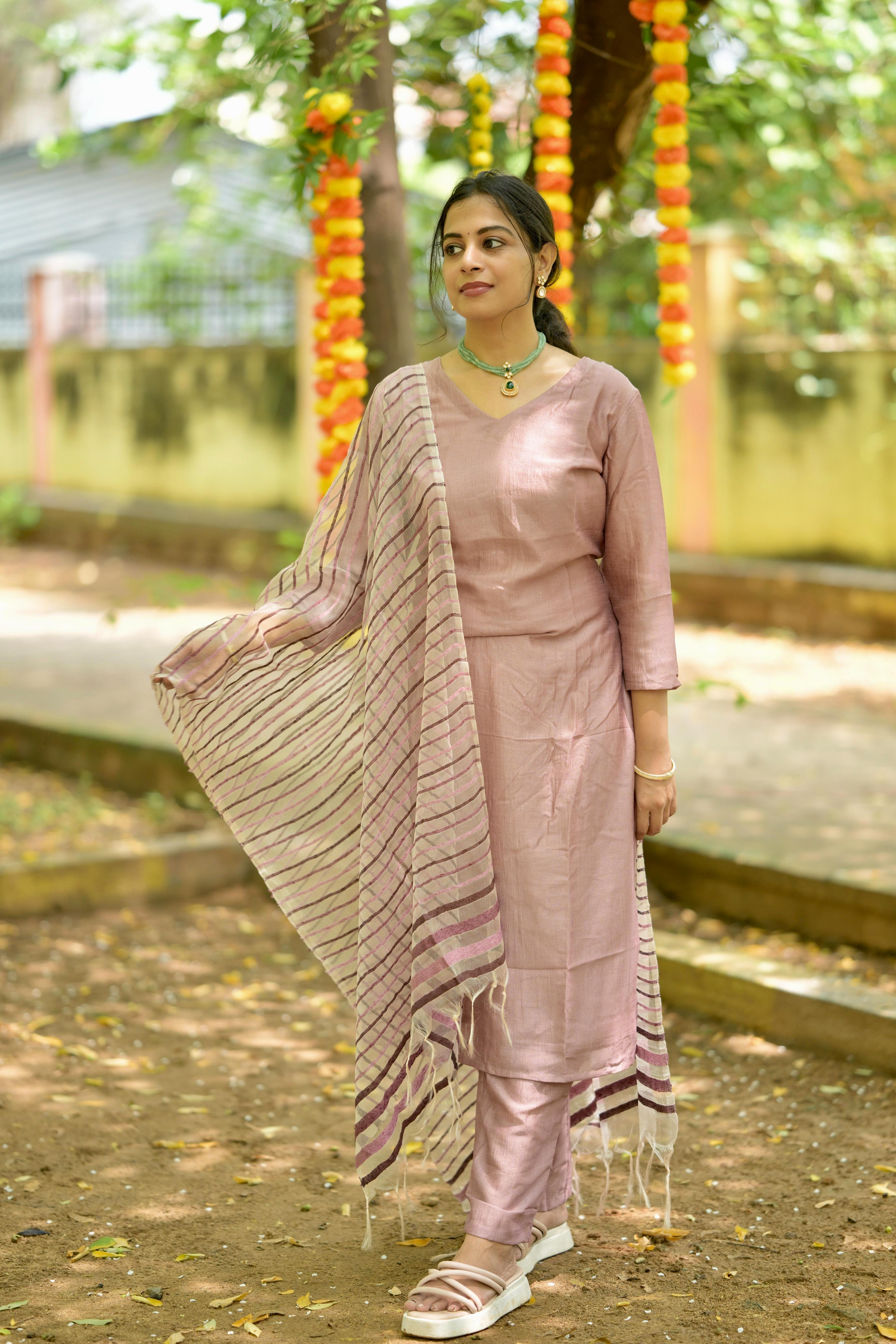 Hira ( mauve) - Crepe silk suit set with a fancy striped dupatta