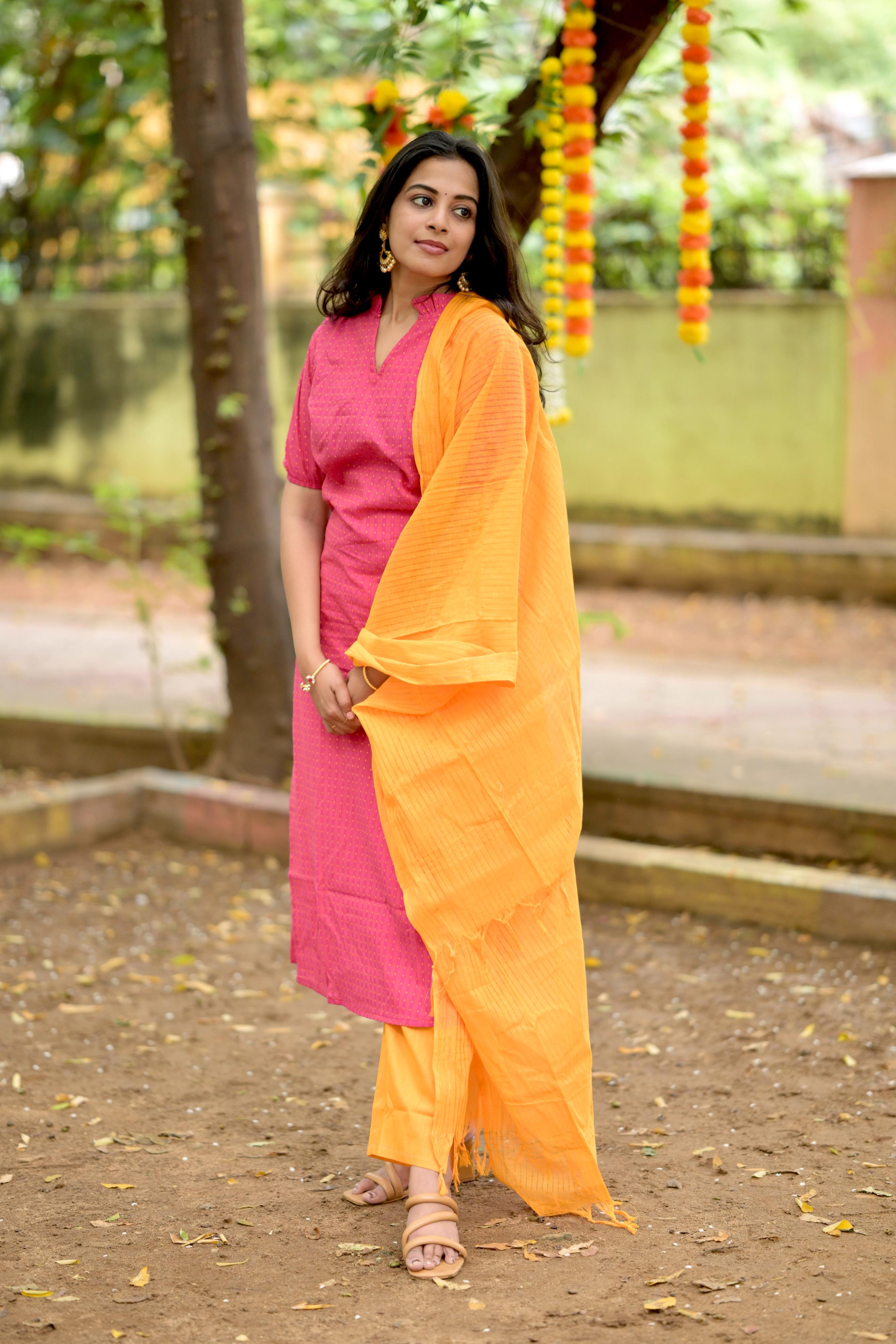 Tugira - handloom cotton suit set with kota silk zari dupatta