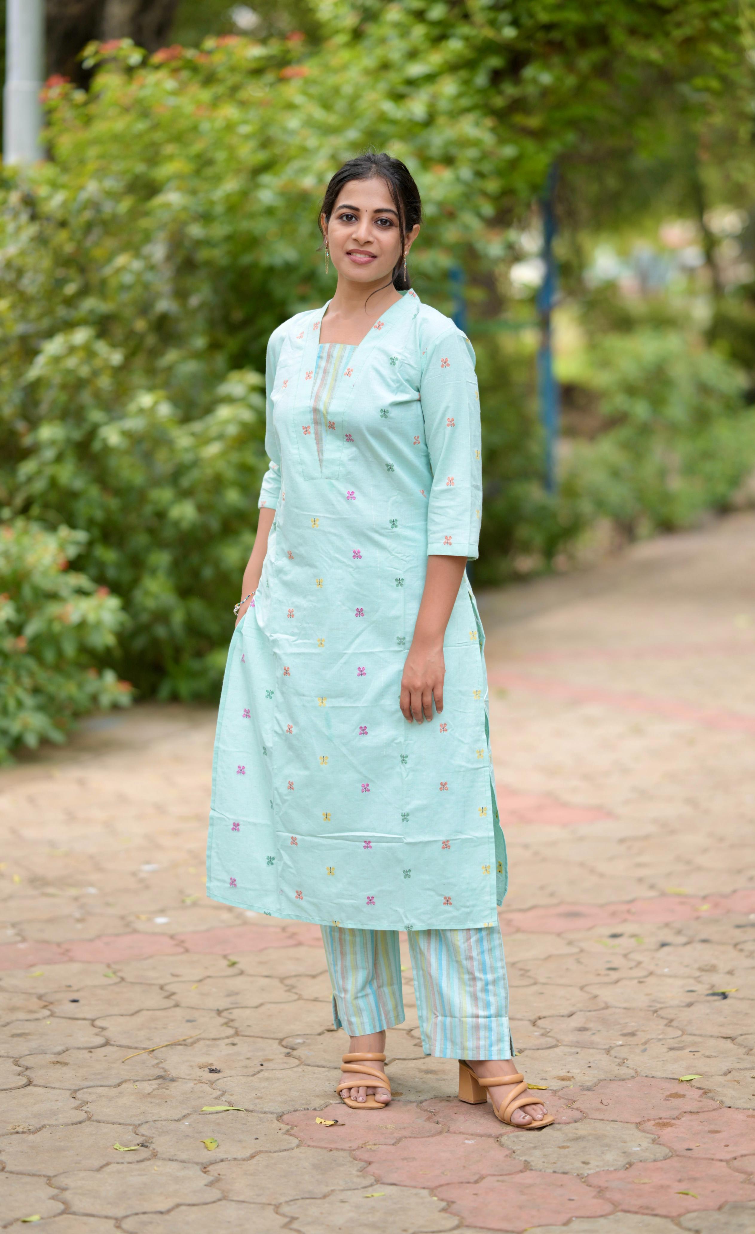 Budget Buy #16 -  Cotton blend butterfly handwoven kurta set in sea green