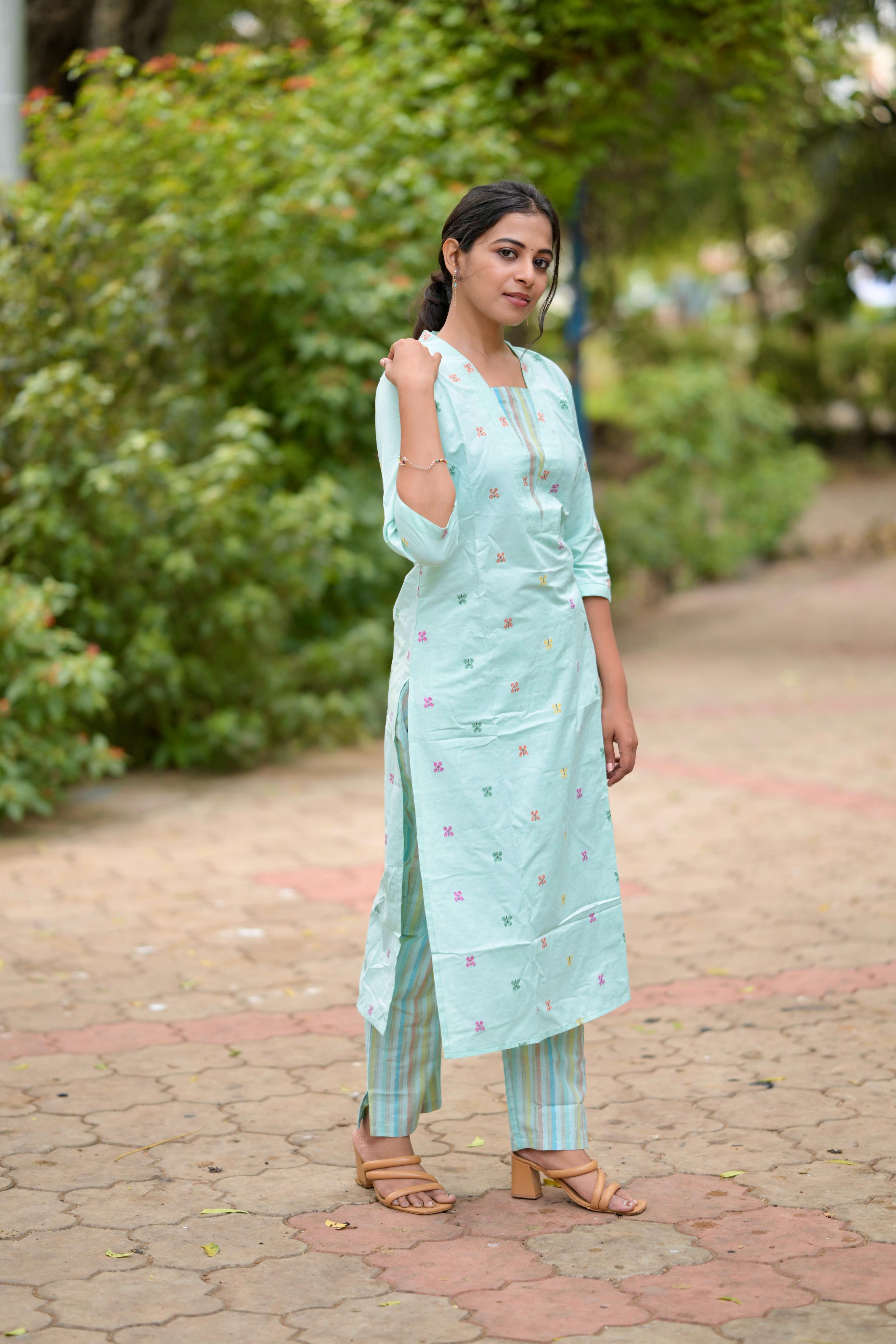 Budget Buy #16 -  Cotton blend butterfly handwoven kurta set in sea green