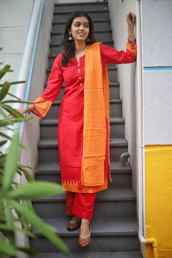 Miheeka (Red) -  handloom mangalgiri cotton suit set in red