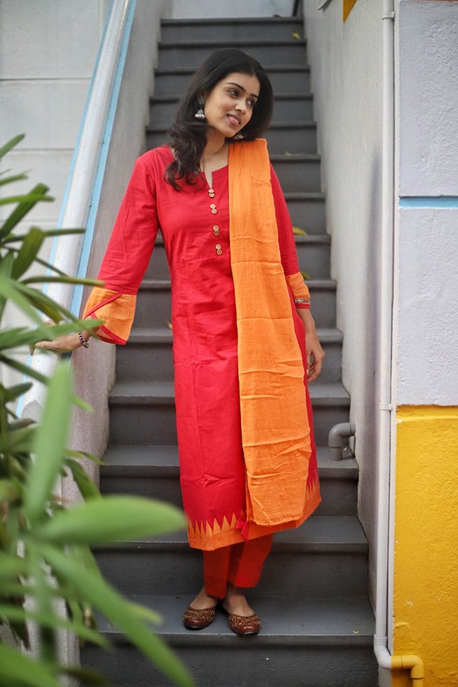 Miheeka (Red) -  handloom mangalgiri cotton suit set in red