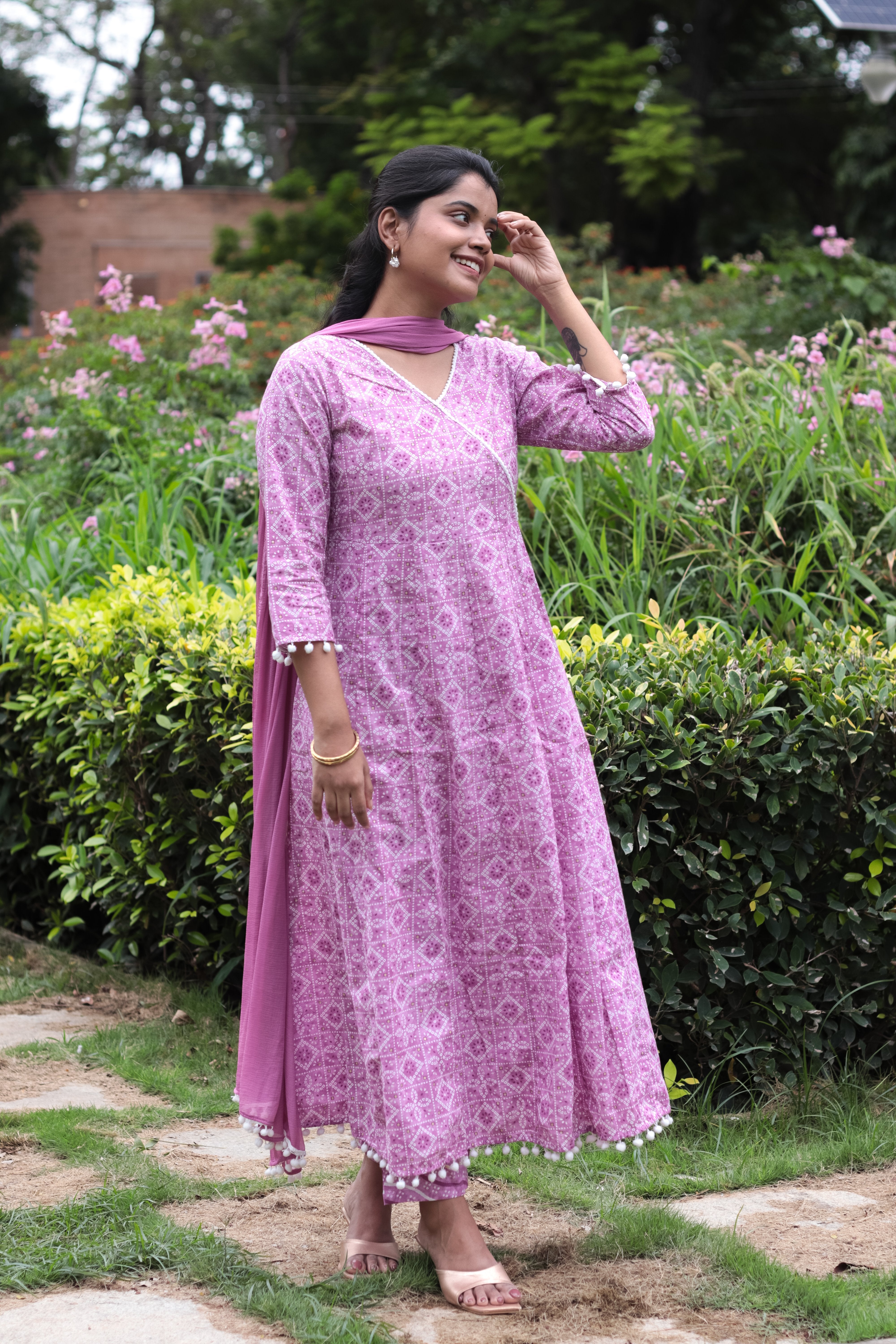 Padmashri - pink anarkali cotton suit set with chiffon dupatta with tassels