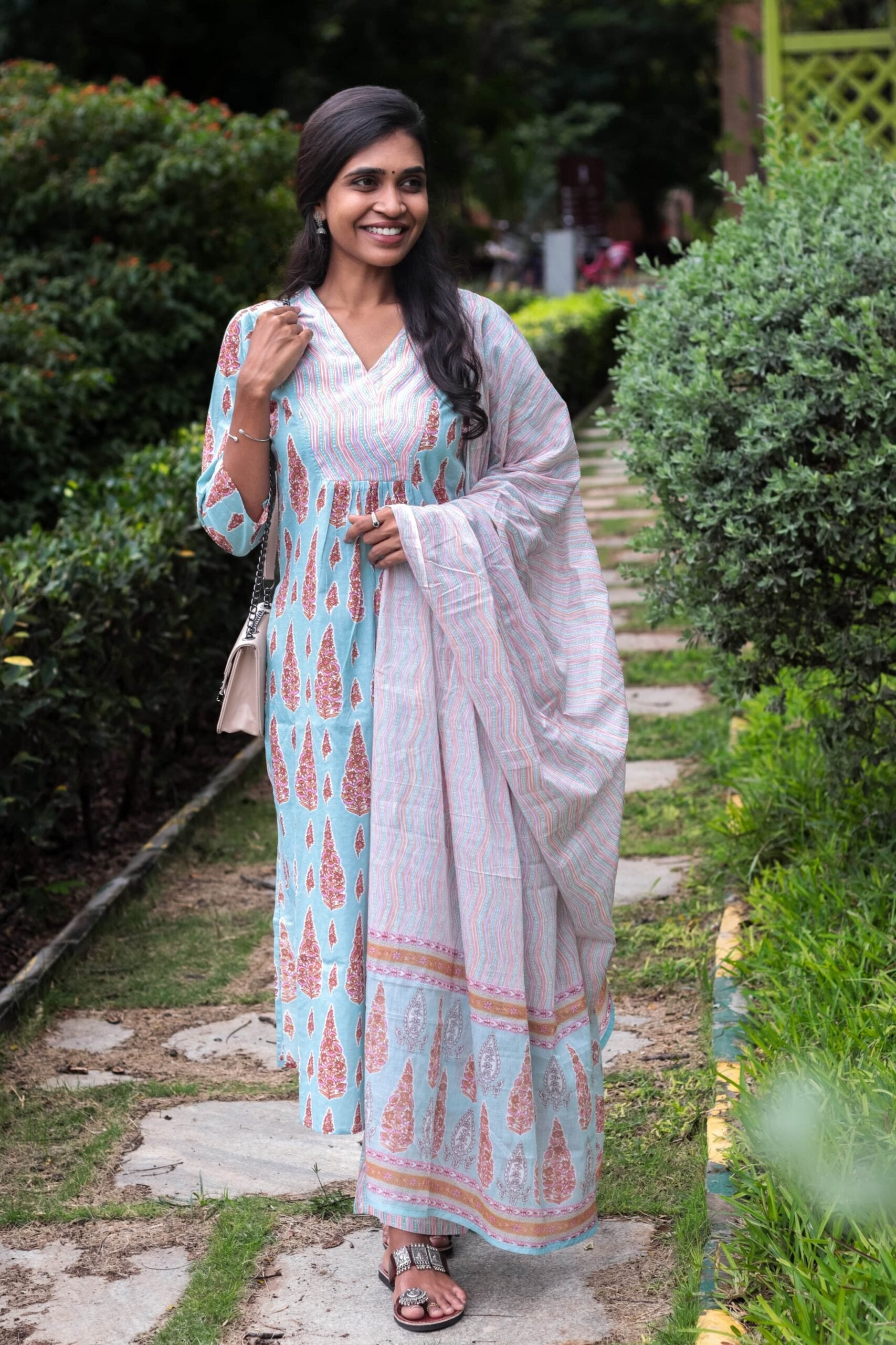 Meetha suit set - hand block printed organic cotton kurta with motifs in blue and purple with matching dupatta with fancy tassels