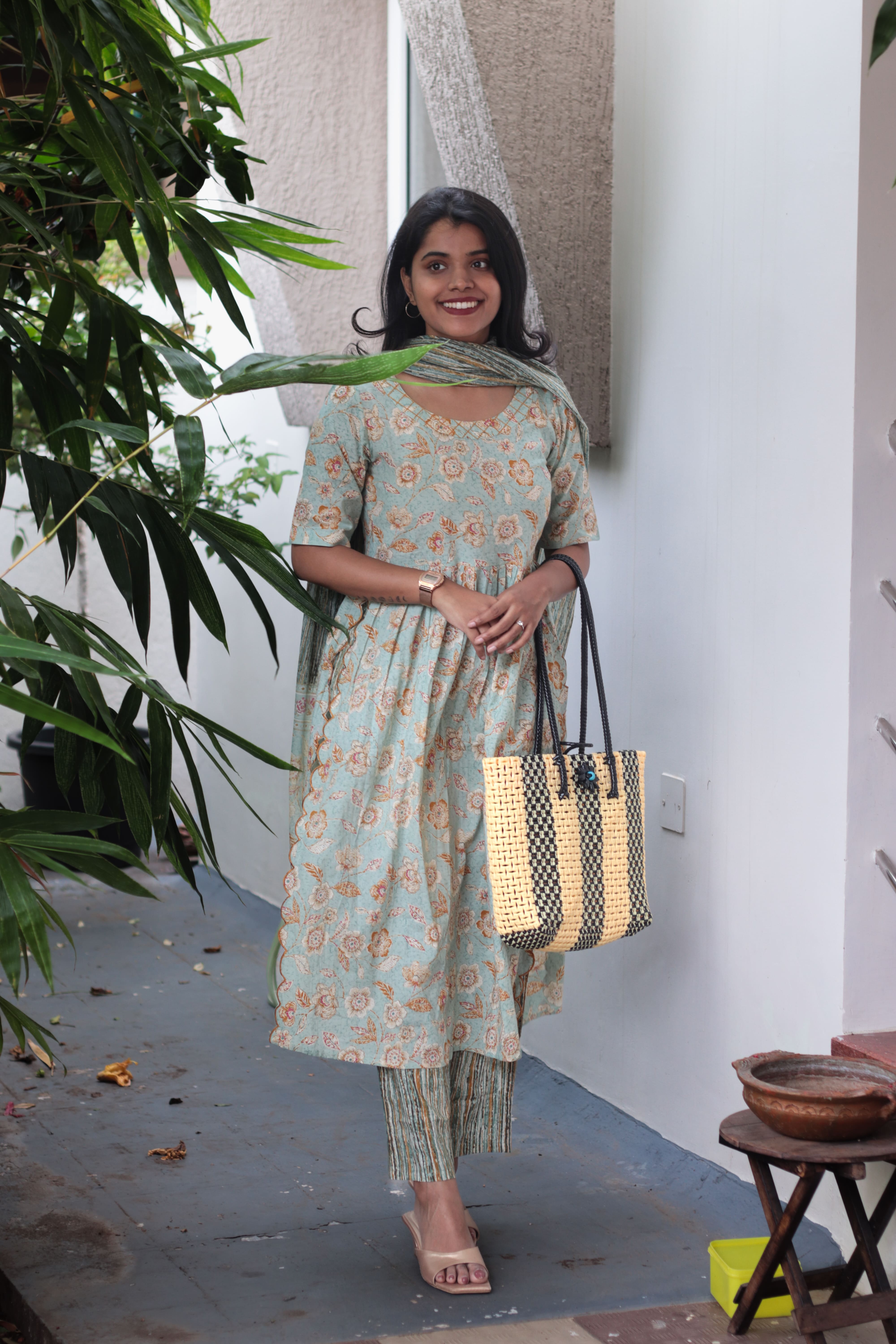 Matilda - floral motifs hand block printed cotton suit set in pastel green and brown with matching dupatta