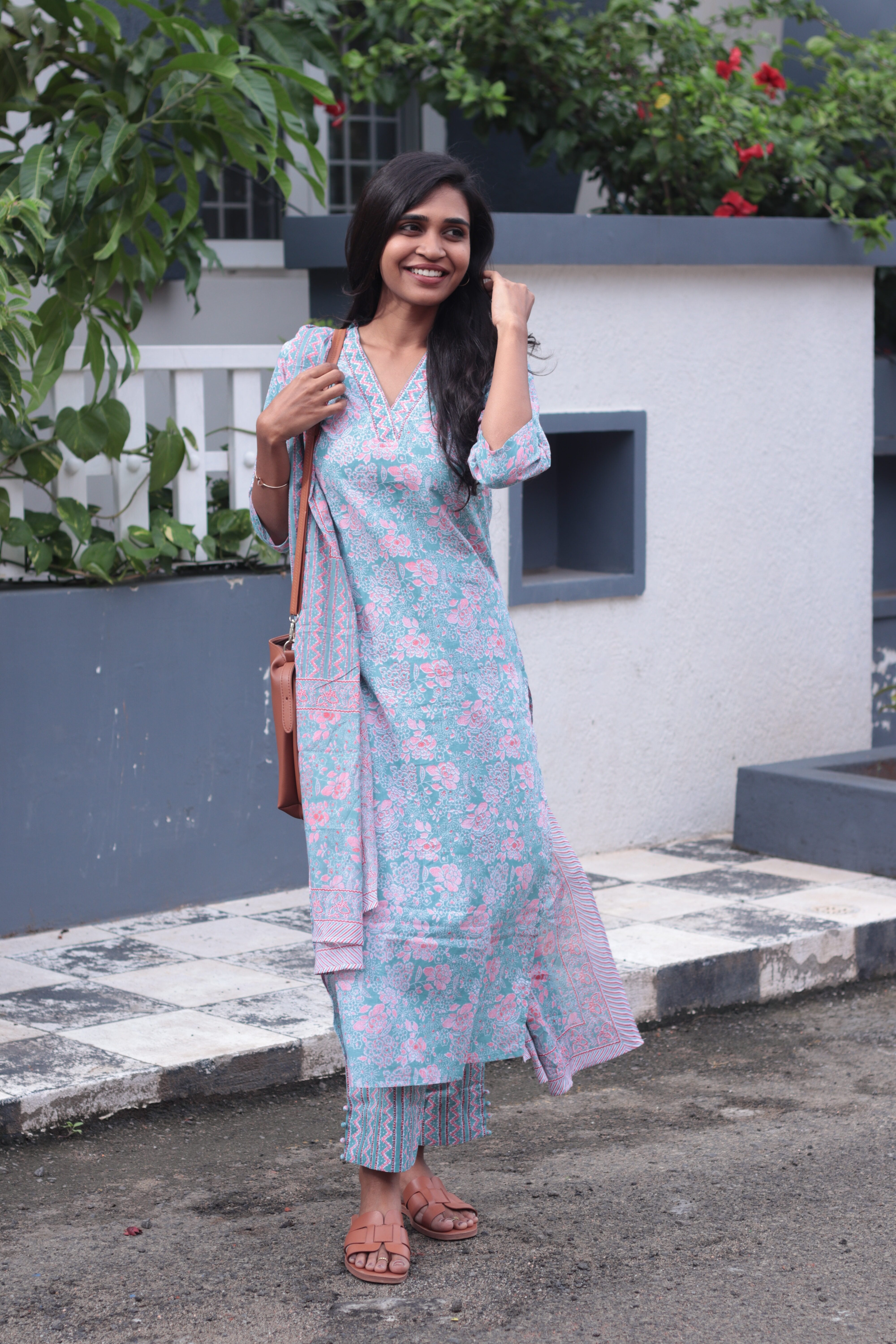 Sadvika - hand painted organic cotton suit in  pastel green and pink with matching dupatta