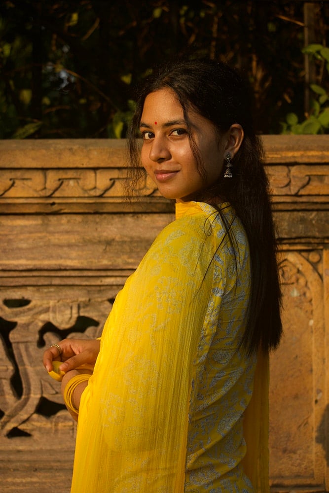 Agni - Floral handblock printed cotton suit set   in Lemon yellow with yellow chiffon dupatta