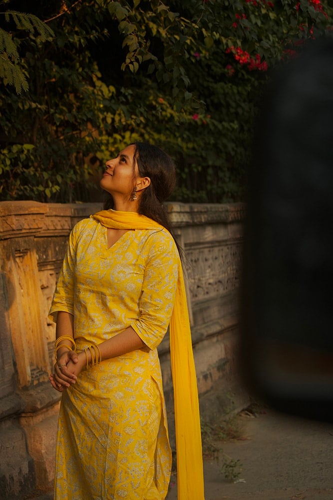 Agni - Floral handblock printed cotton suit set   in Lemon yellow with yellow chiffon dupatta