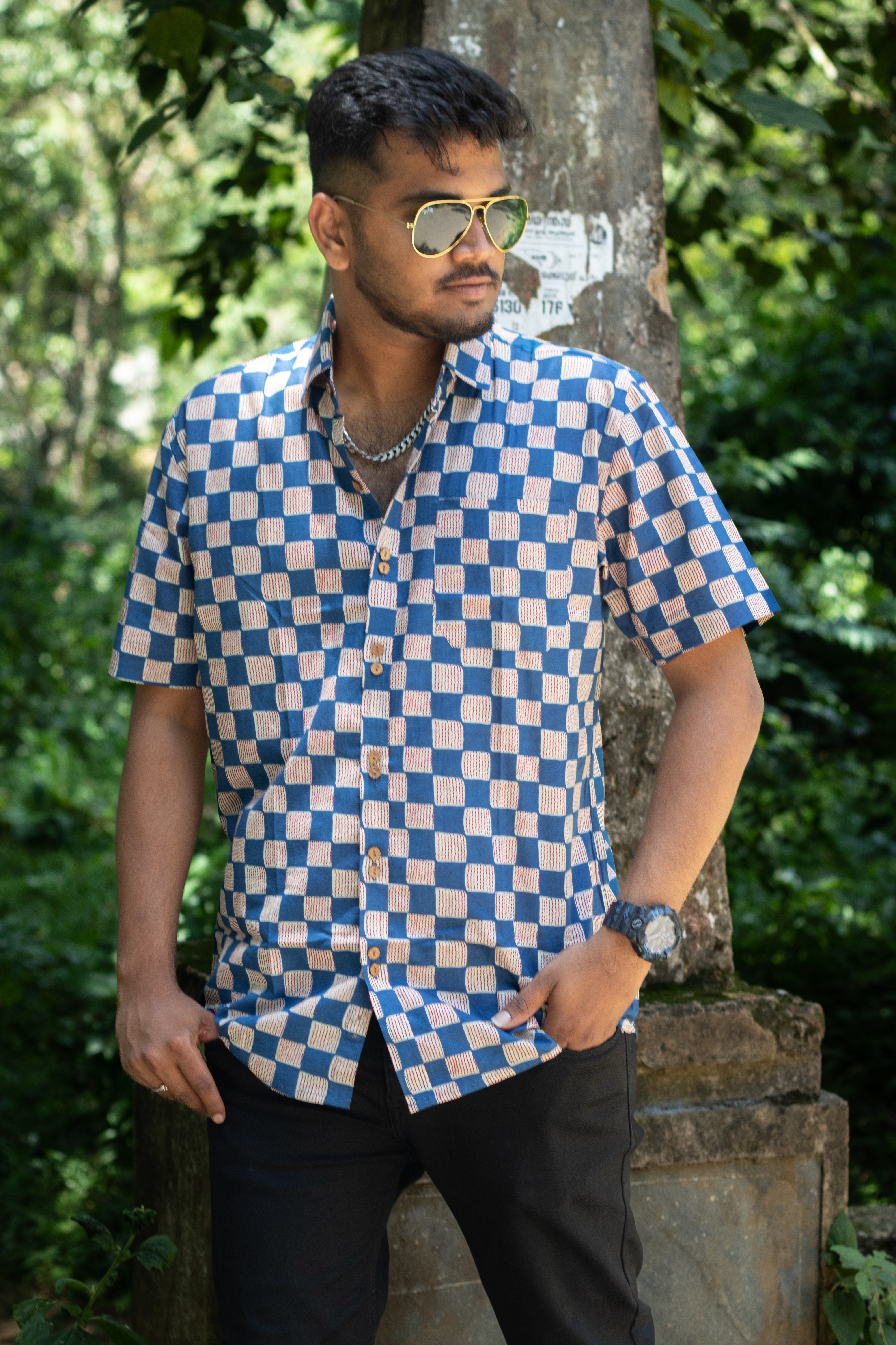 Shirt - 15 -  handblock  abstract printed organic cotton shirt in blue and white