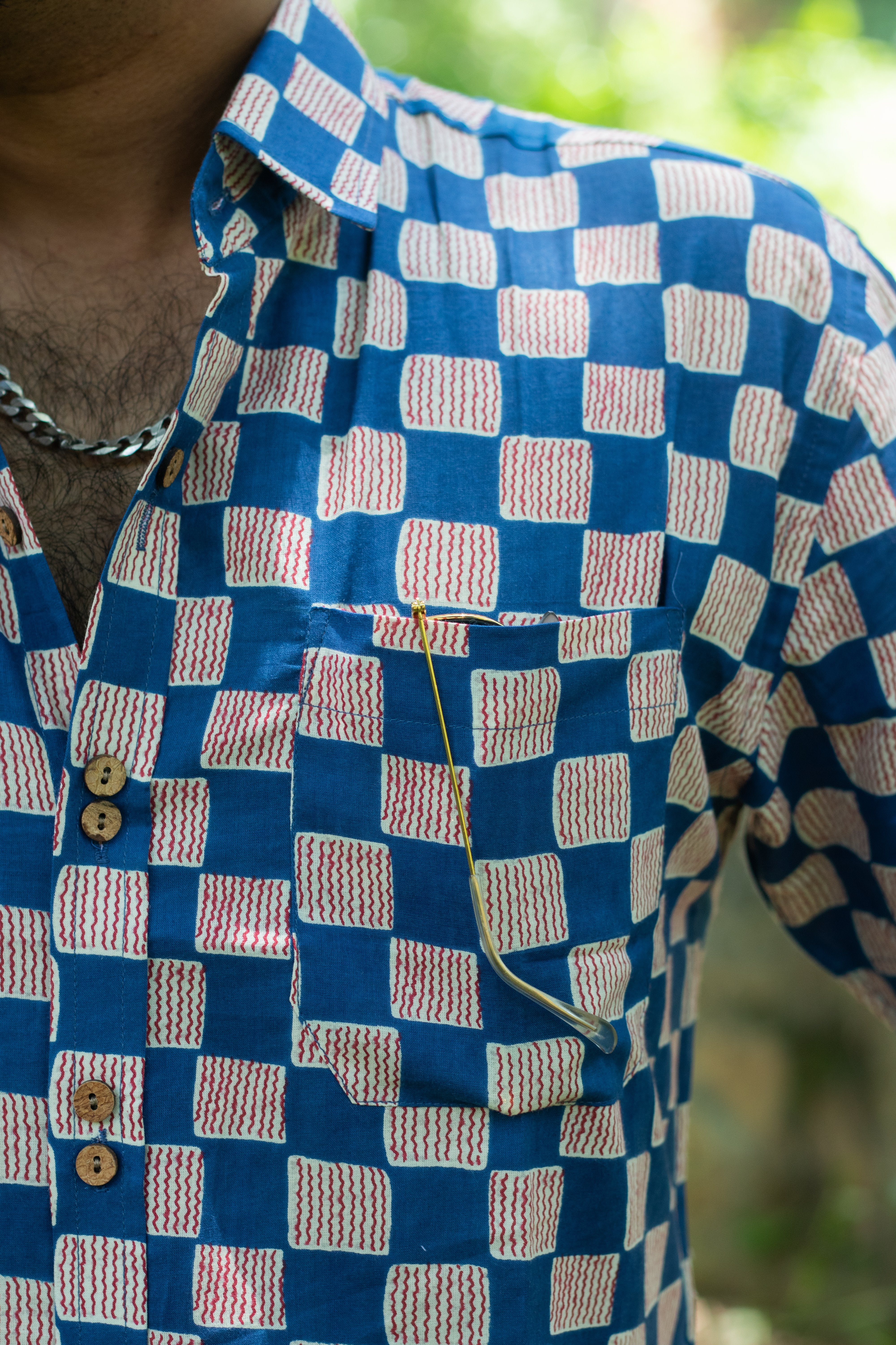 Shirt - 15 -  handblock  abstract printed organic cotton shirt in blue and white