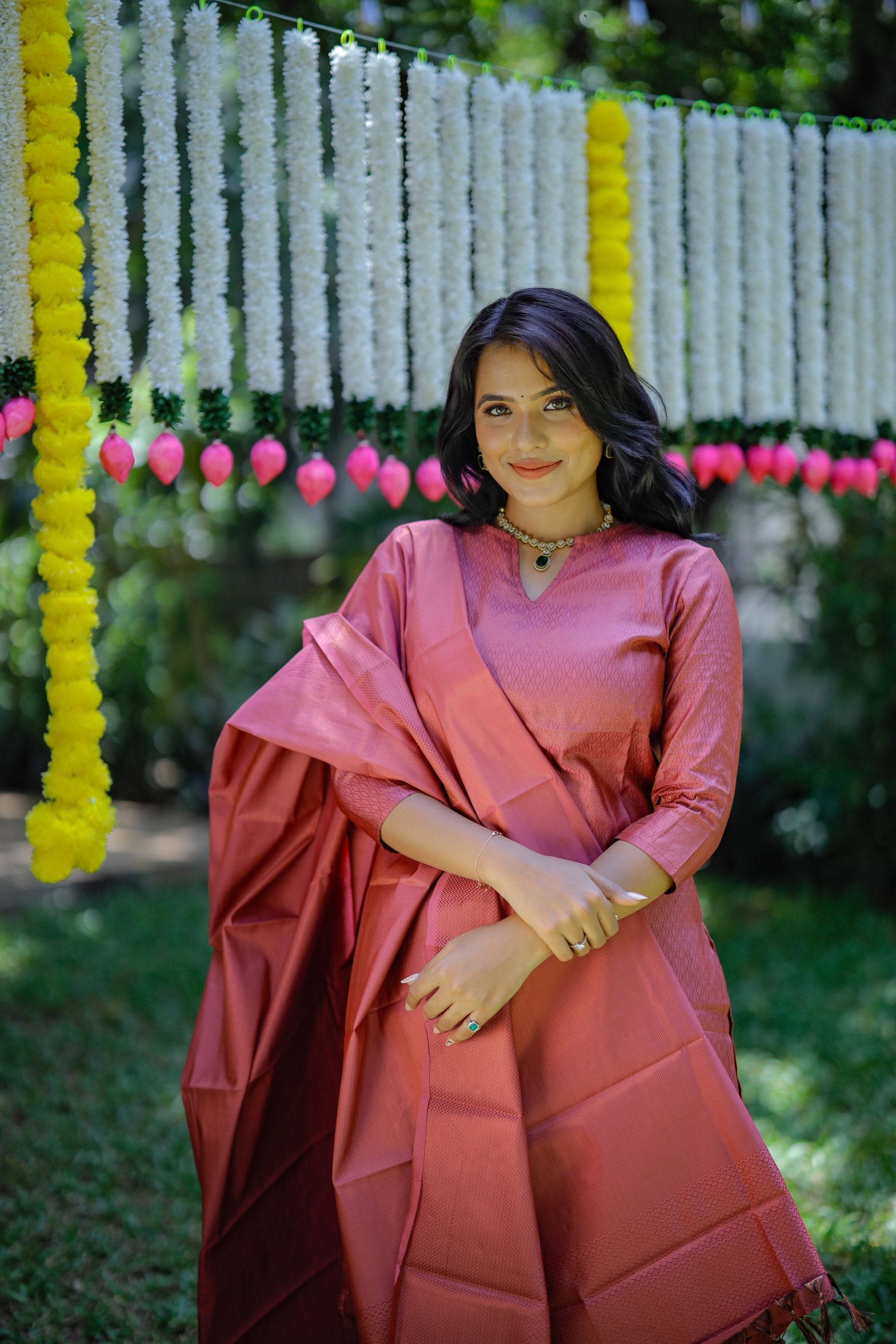 Niralya ( lotus pink ) - brocade copper zari vegan kanchipuram silk suit set  in lotus pink colour