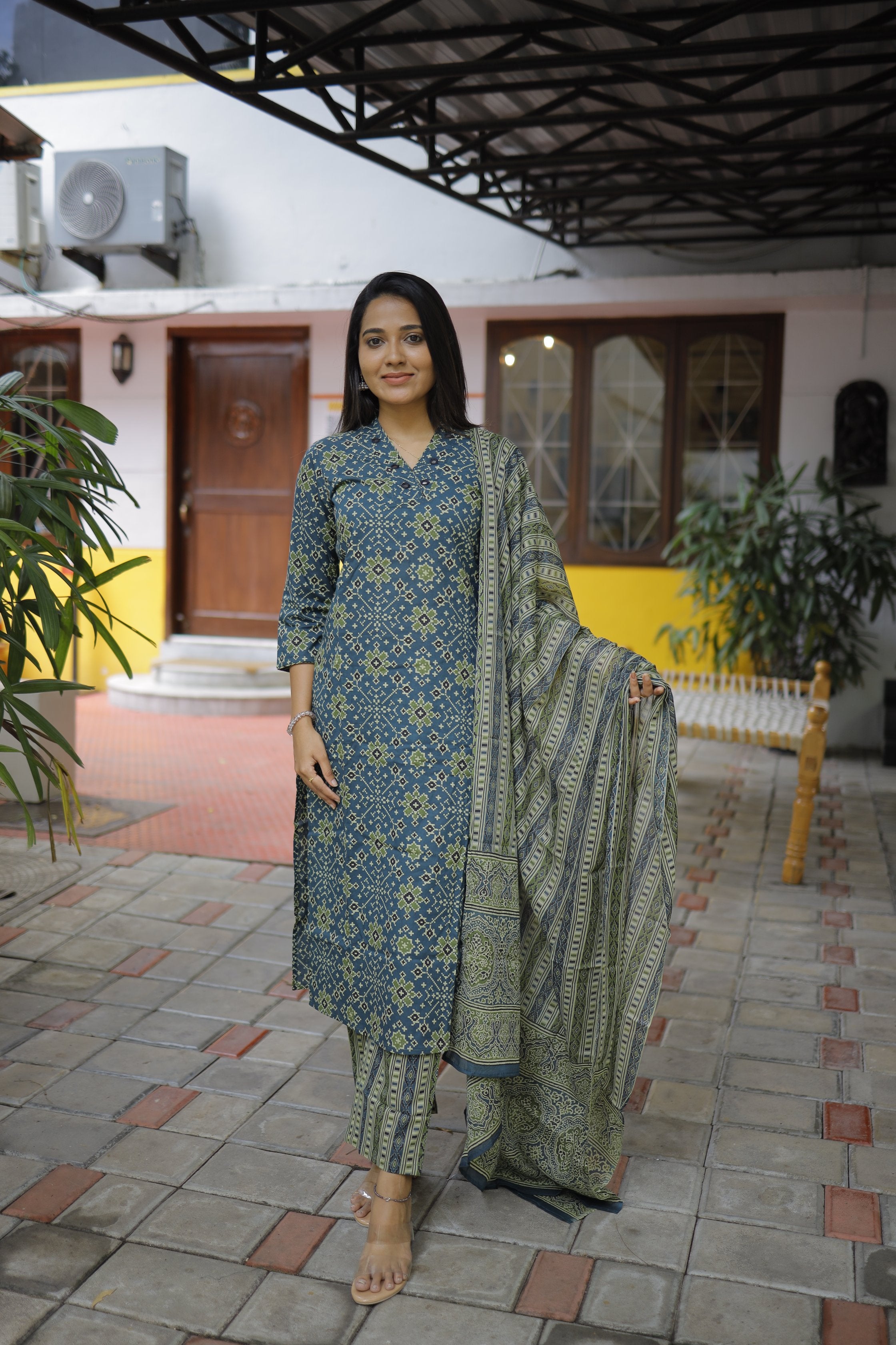 Udita - ajrakh handblock printed cotton suit set in blue & green