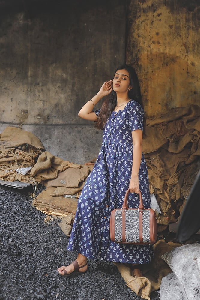 Dress -18 - Handblock printed motifs slit cotton dress in blue