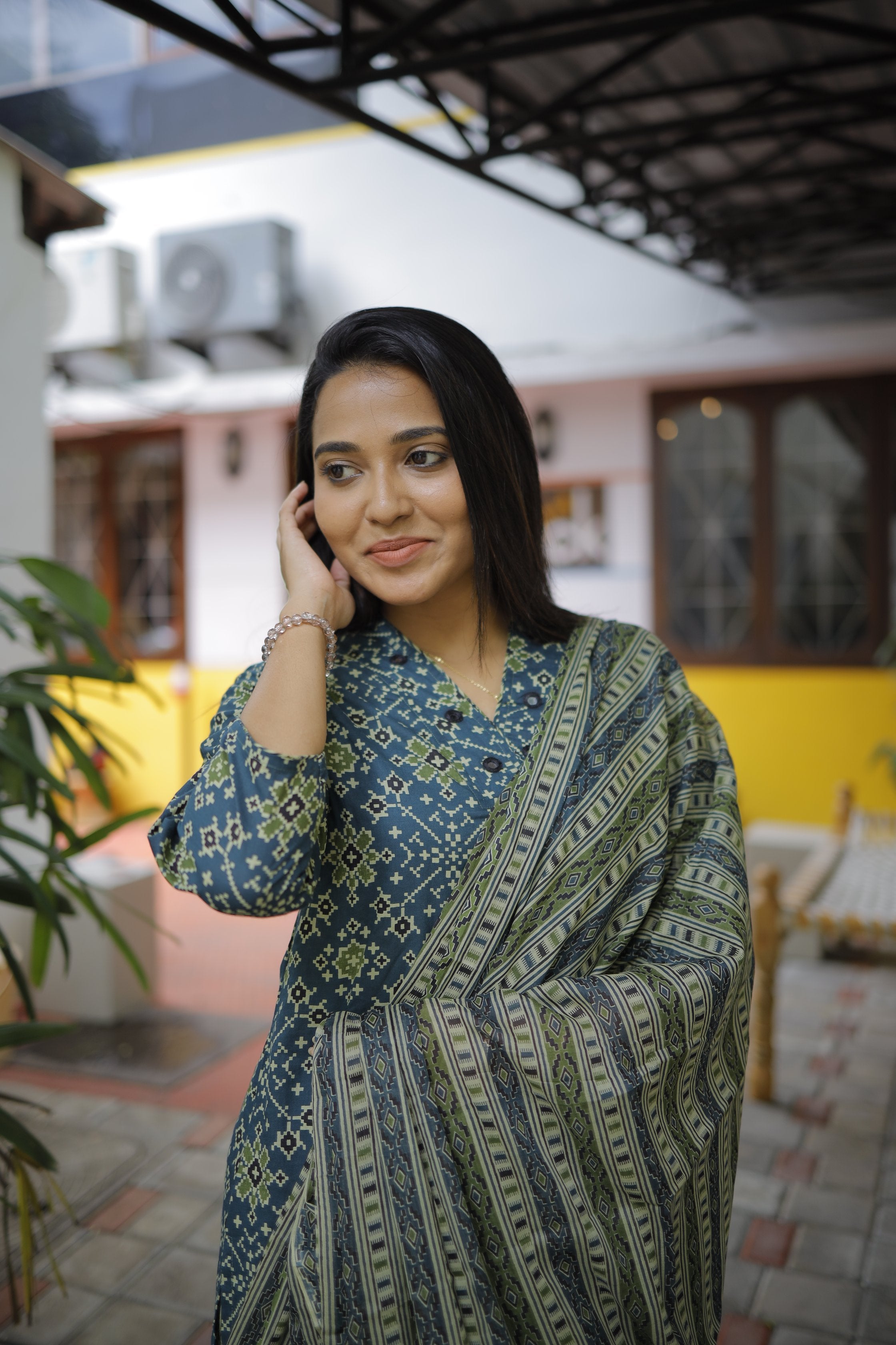 Udita - ajrakh handblock printed cotton suit set in blue & green