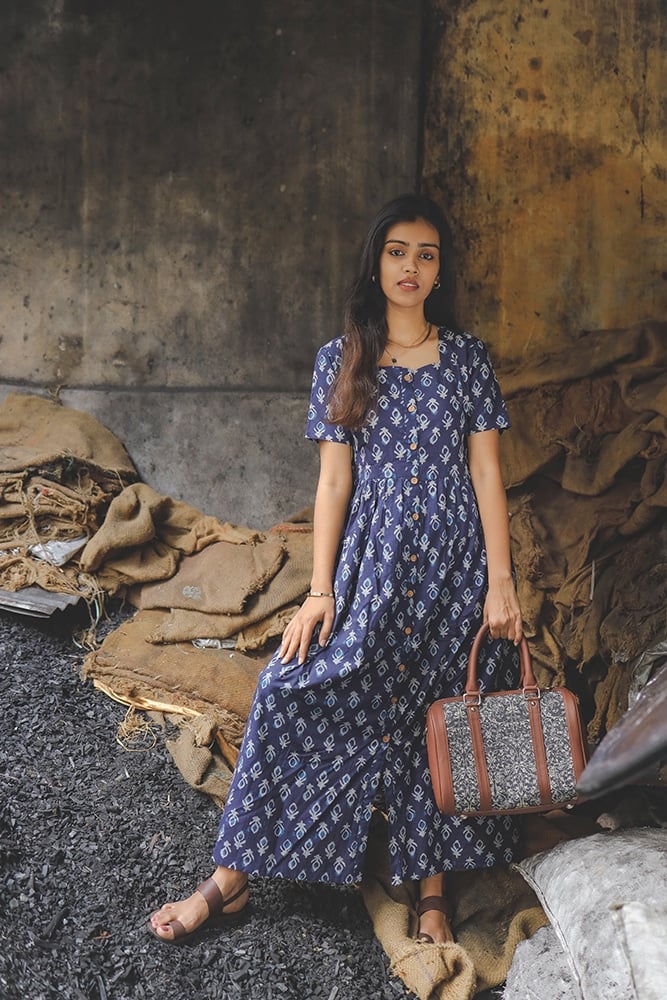 Dress -18 - Handblock printed motifs slit cotton dress in blue