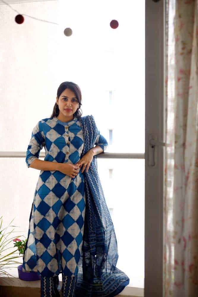 Shruthi - indigo straight cut cotton suit set