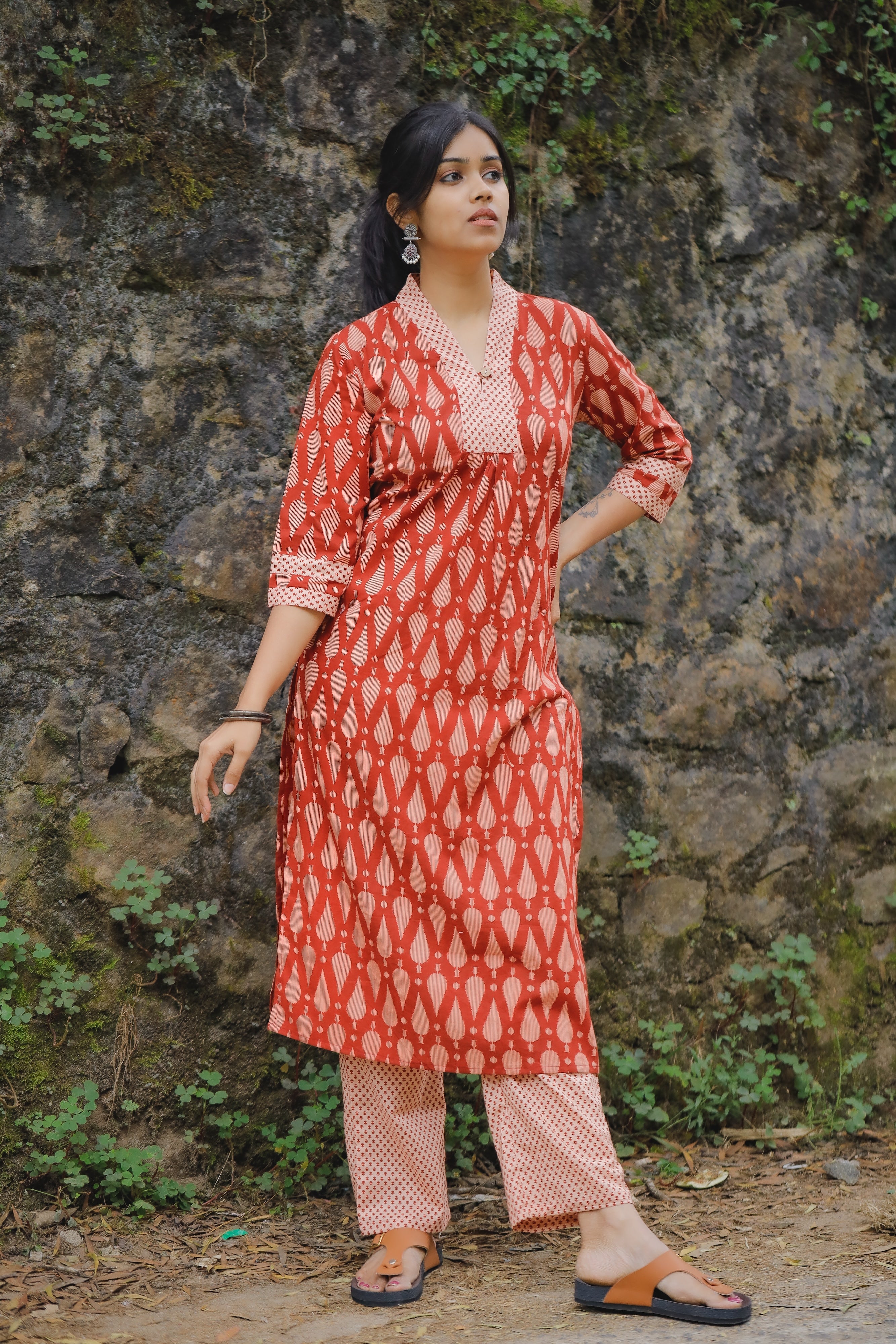 Nikitha - hand block printed organic cotton kurta set in rust orange