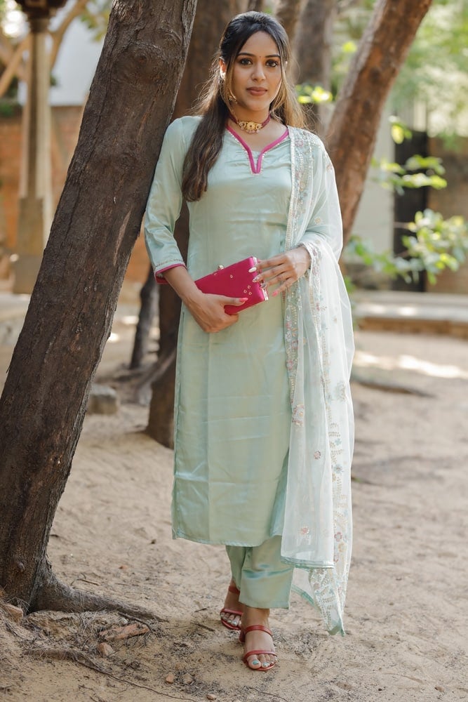 Gauri - modal satin silk kurta set with netted dupatta with hand work in pastel green