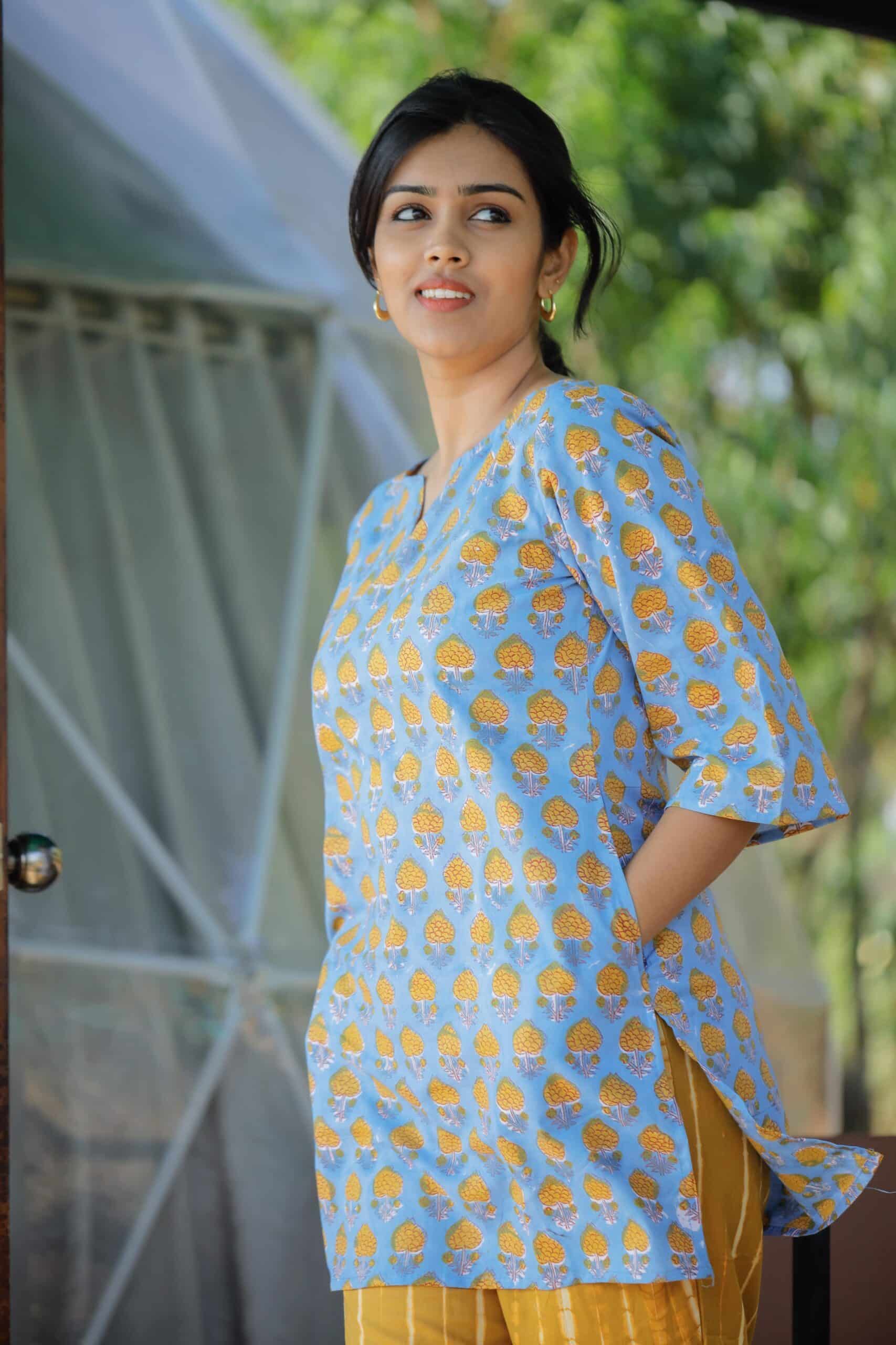 Floral hand block printed night suit in blue & yellow