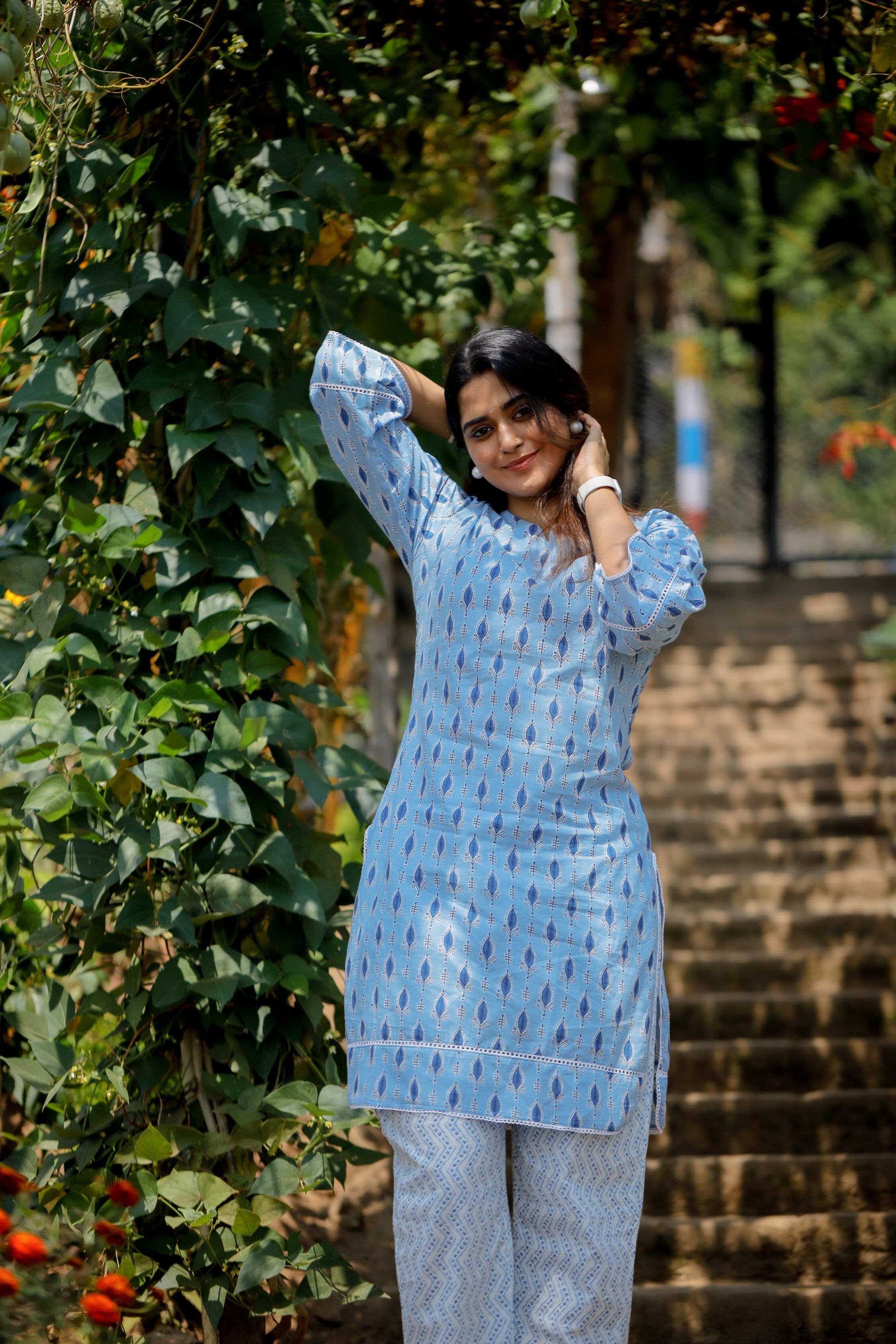 Phoebe coord set - organic kantha cotton  coord set in sky blue