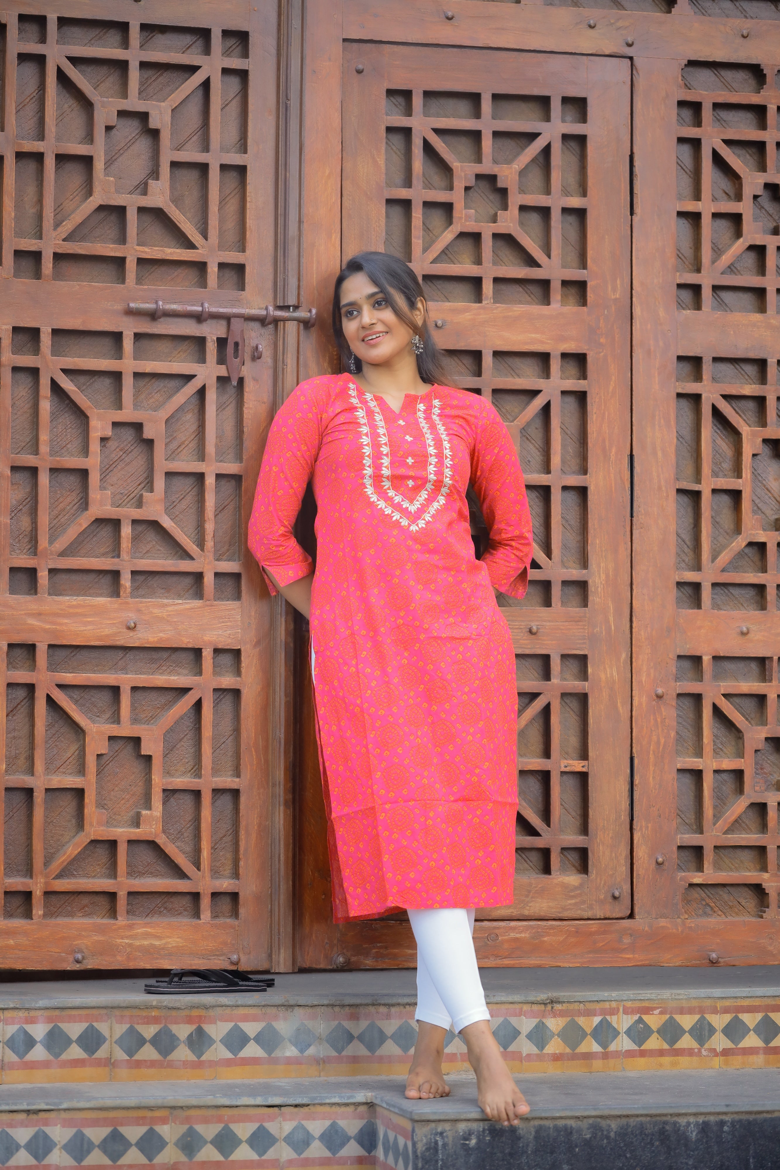 Pattern kurti 7 - Bandhani printed cotton kurta in pink and orange