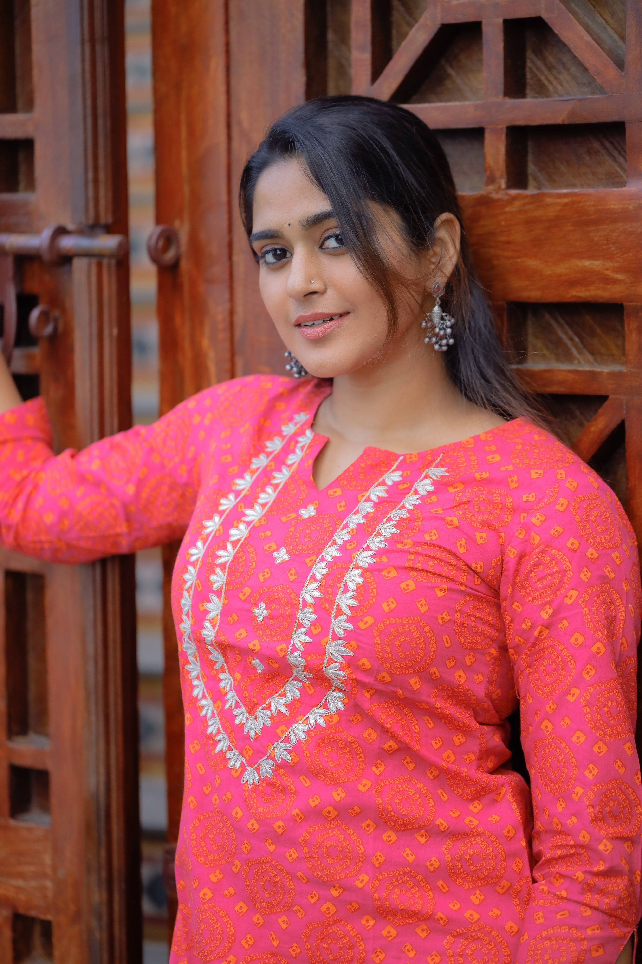 Pattern kurti 7 - Bandhani printed cotton kurta in pink and orange