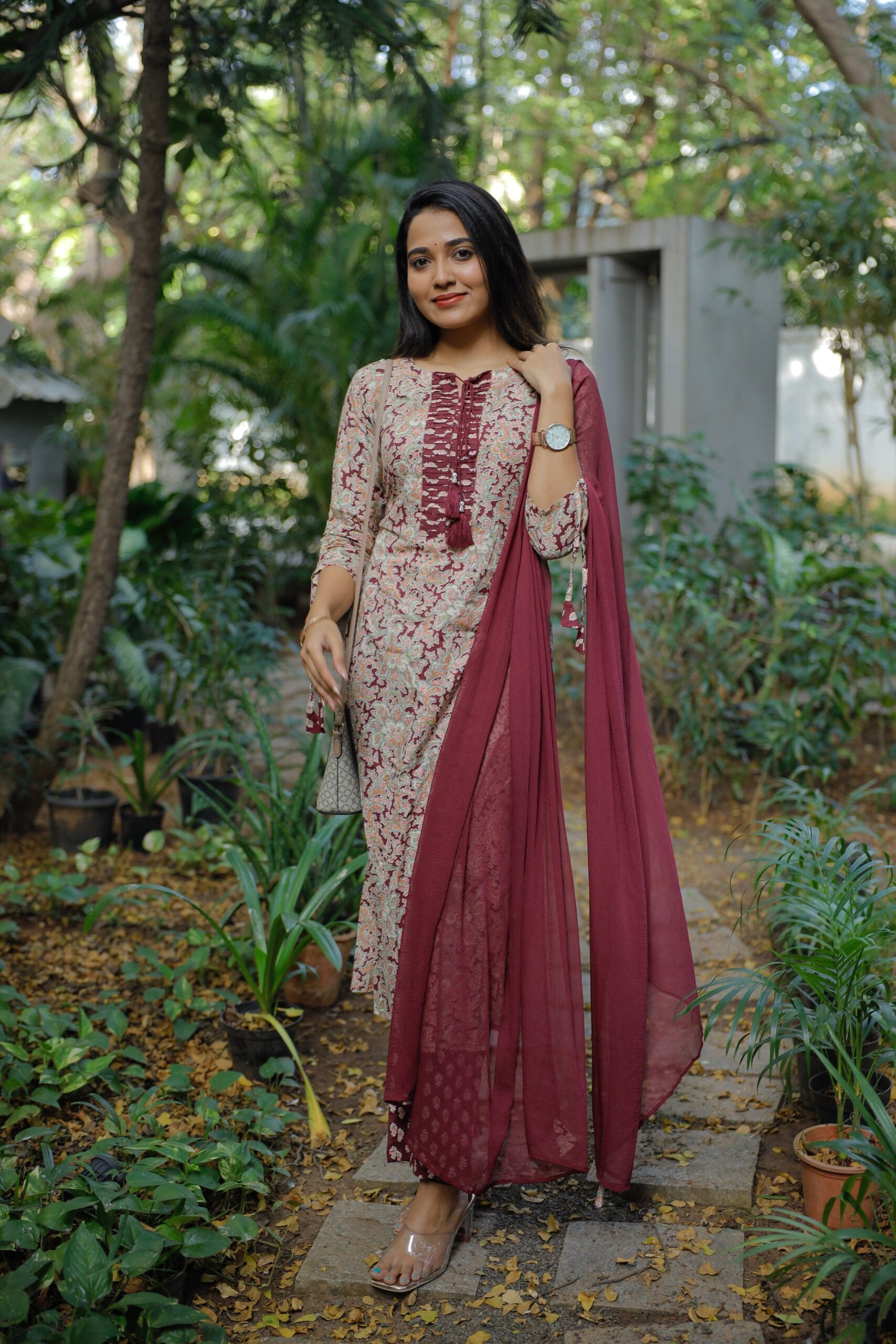 Joshikaa - royal shade of maroon jaal printed cotton suit set with chiffon dupatta