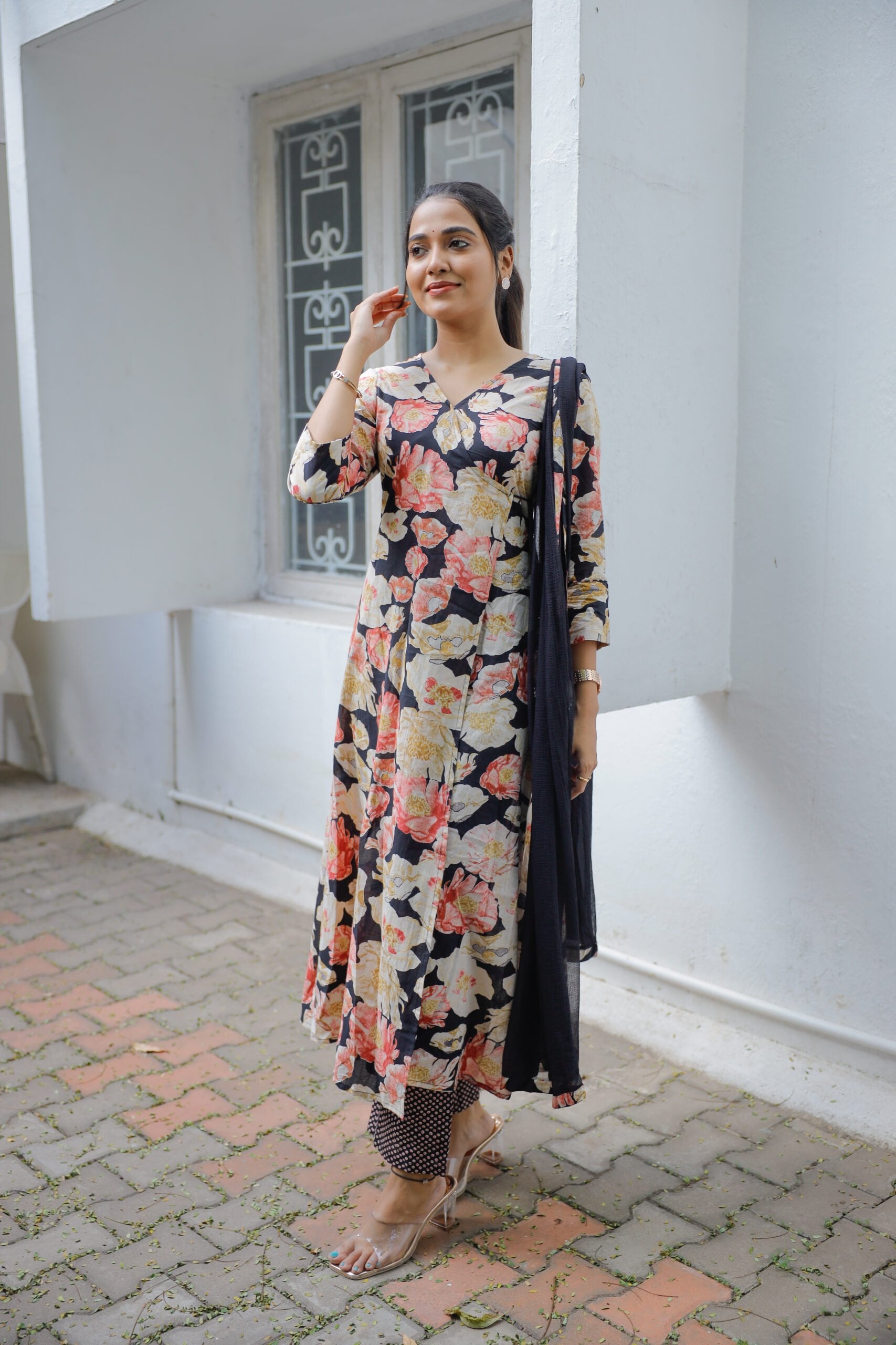 Nowshiba - Floral handblock printed cotton A line kurta set  in black with black chiffon dupatta