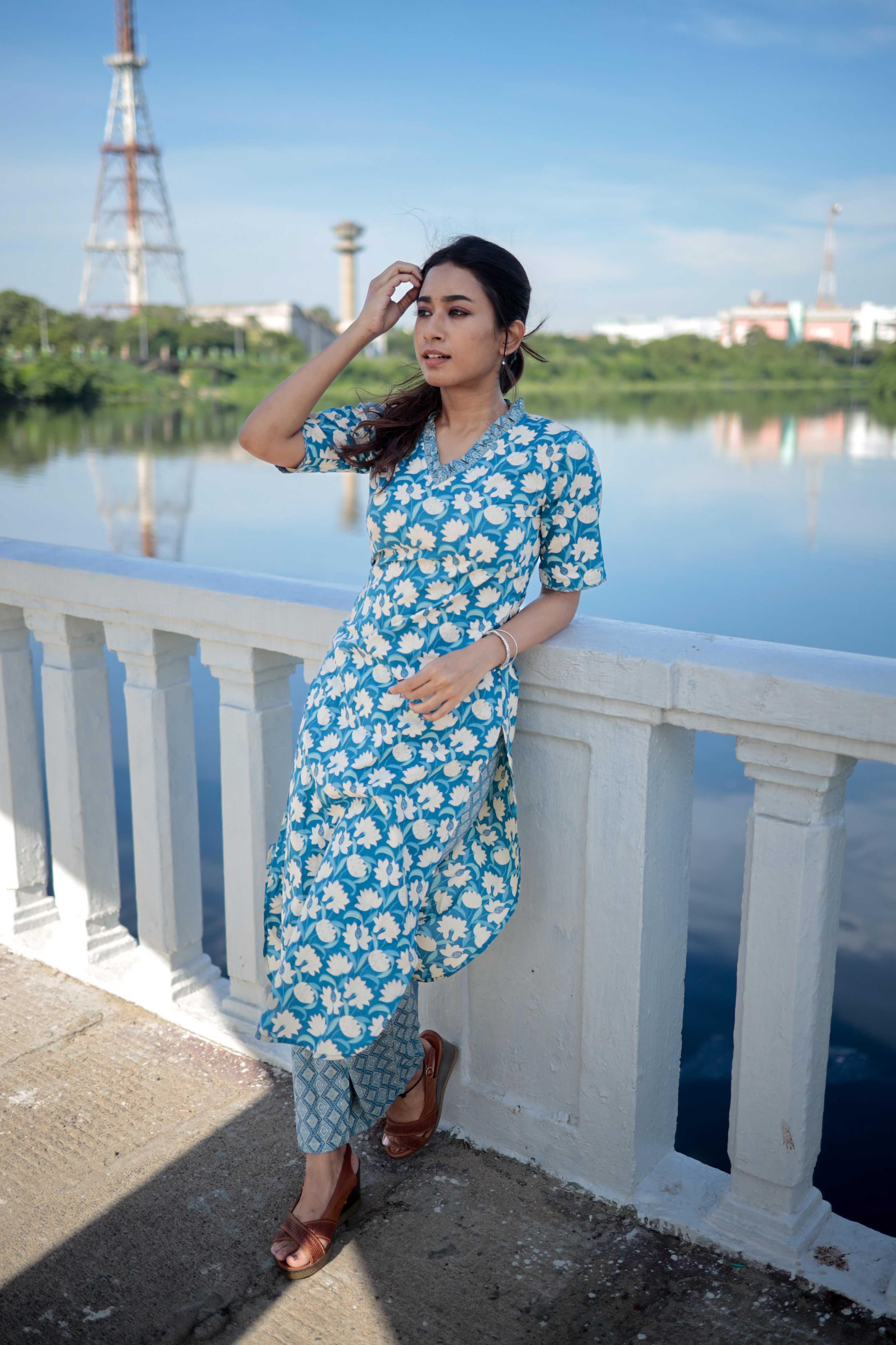 Debasmita - floral  hand block printed cotton kurta set in blue & white