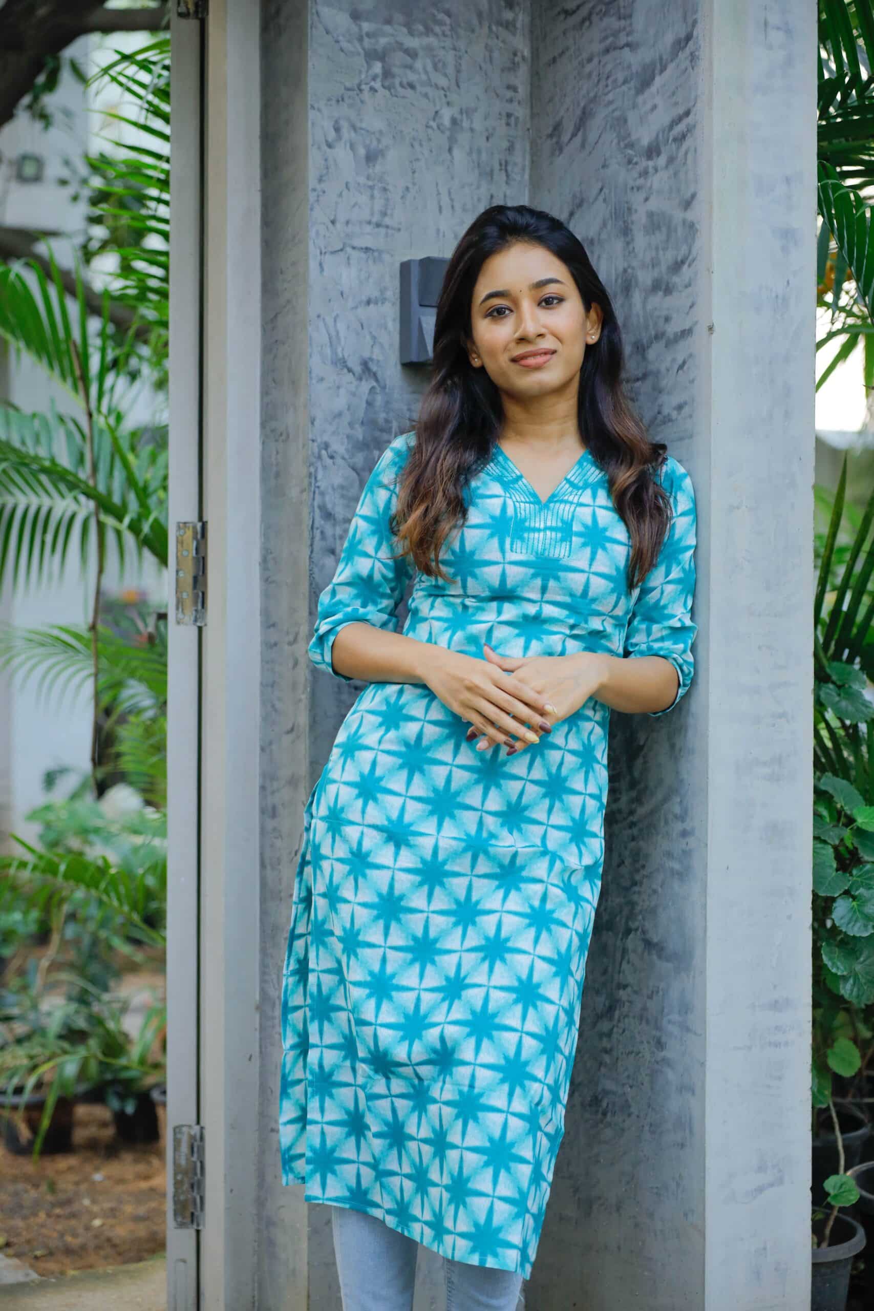 Pattern kurti 13 - Pastel green organic cotton butta hand block printed kurta