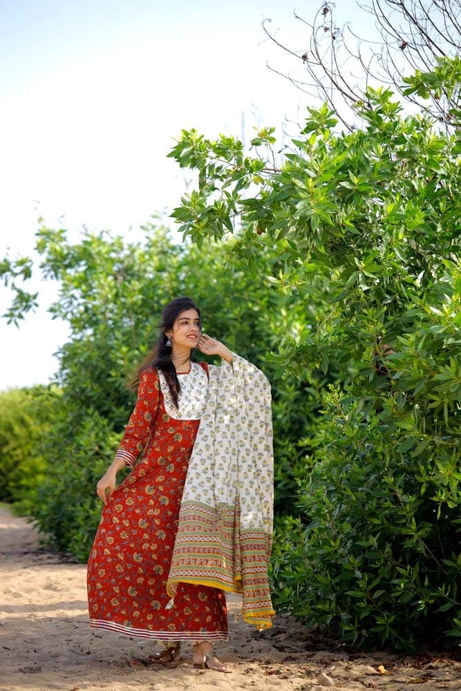 Red Floral Anarkali Suit Set