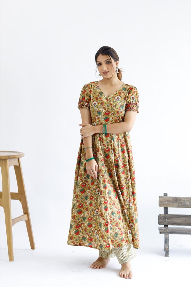 Sheena - floral printed cotton anarkali kurta set in fenugreek green