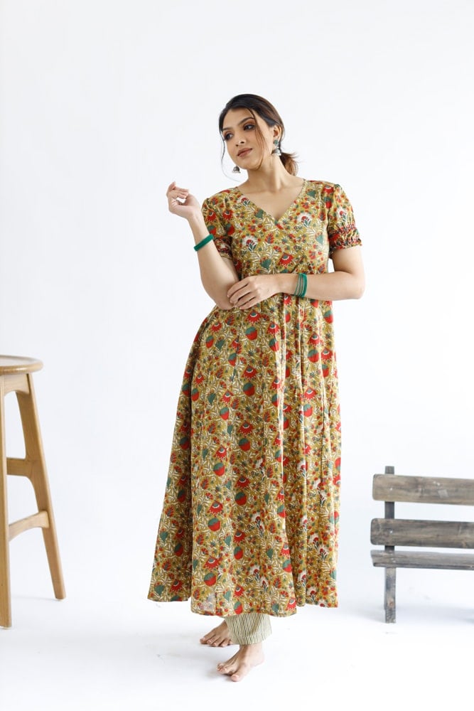 Sheena - floral printed cotton anarkali kurta set in fenugreek green