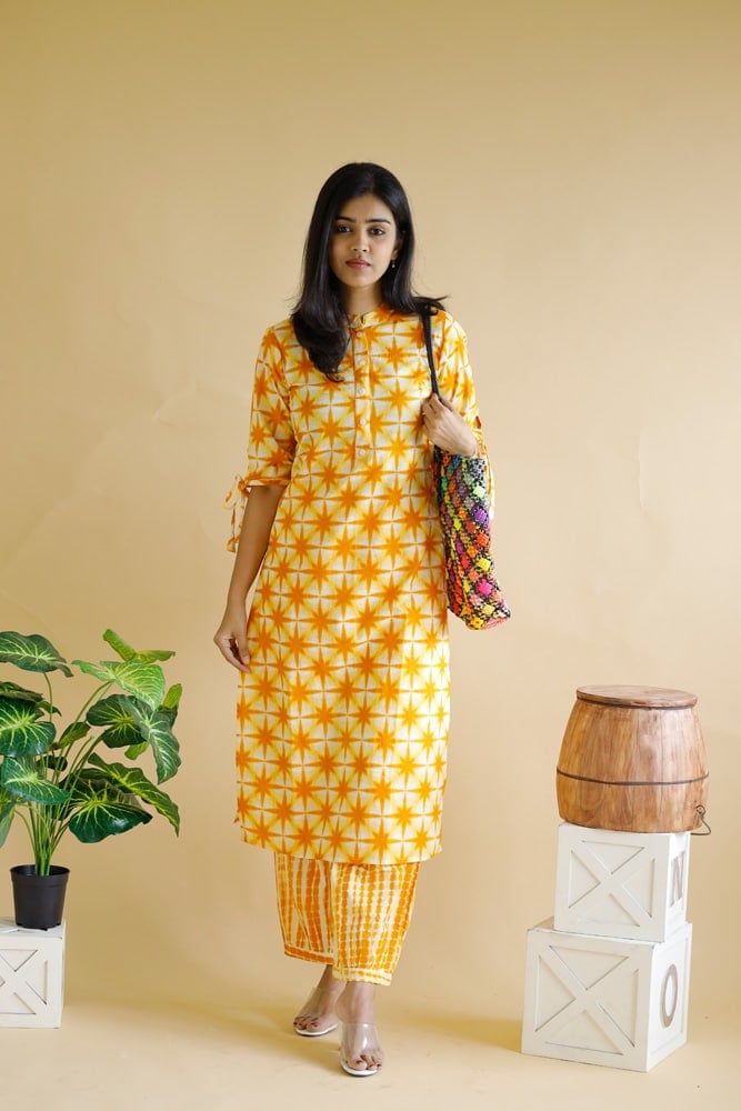 Iyla - shibori printed cotton kurta set in yellow