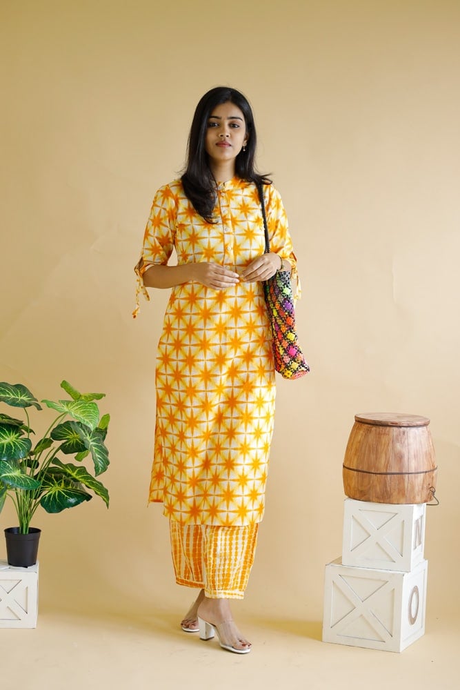 Iyla - shibori printed cotton kurta set in yellow