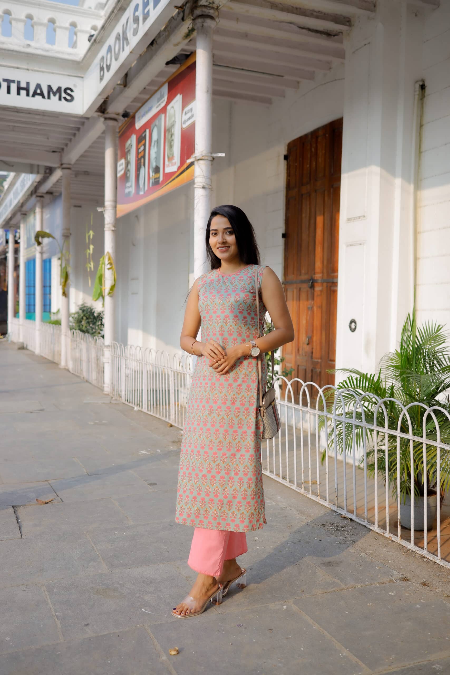 Vinsa (green) - floral handblock printed cotton kurta set in green & pink